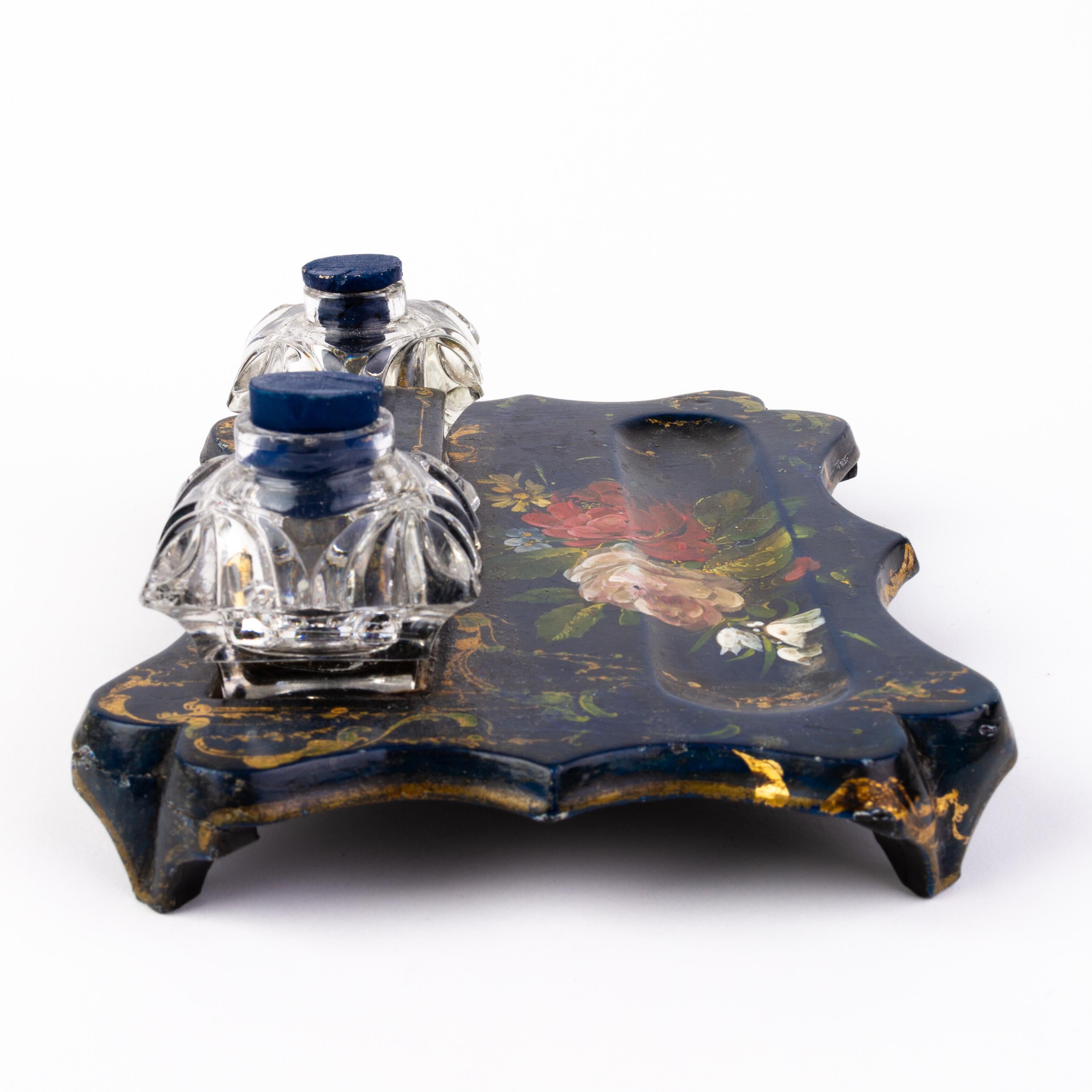 Polychromed Victorian Papier Mache Polychrome Inkstand 19th Century  For Sale