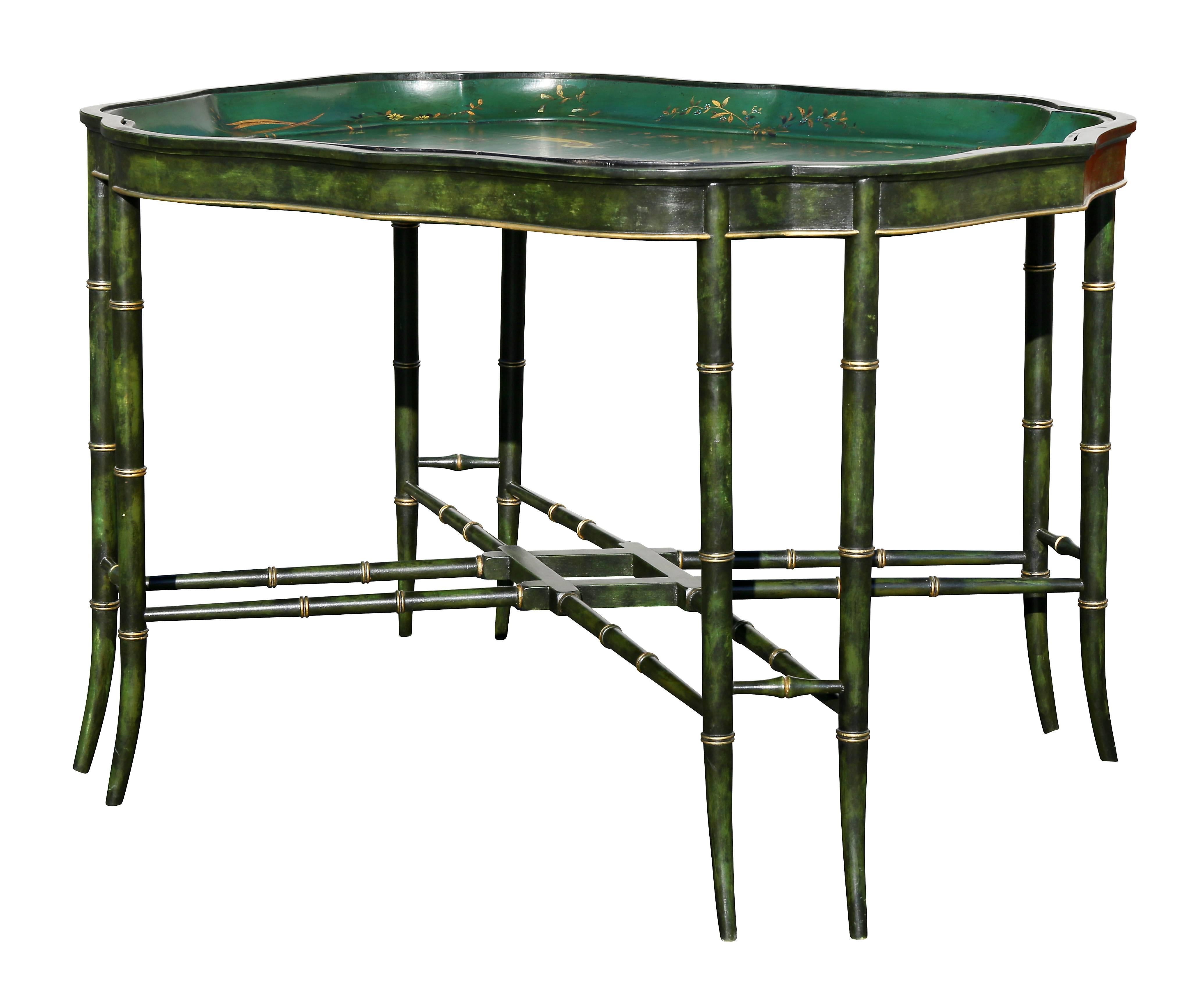 Shaped oval scalloped top decorated with birds and branches with later bamboo turned base.
