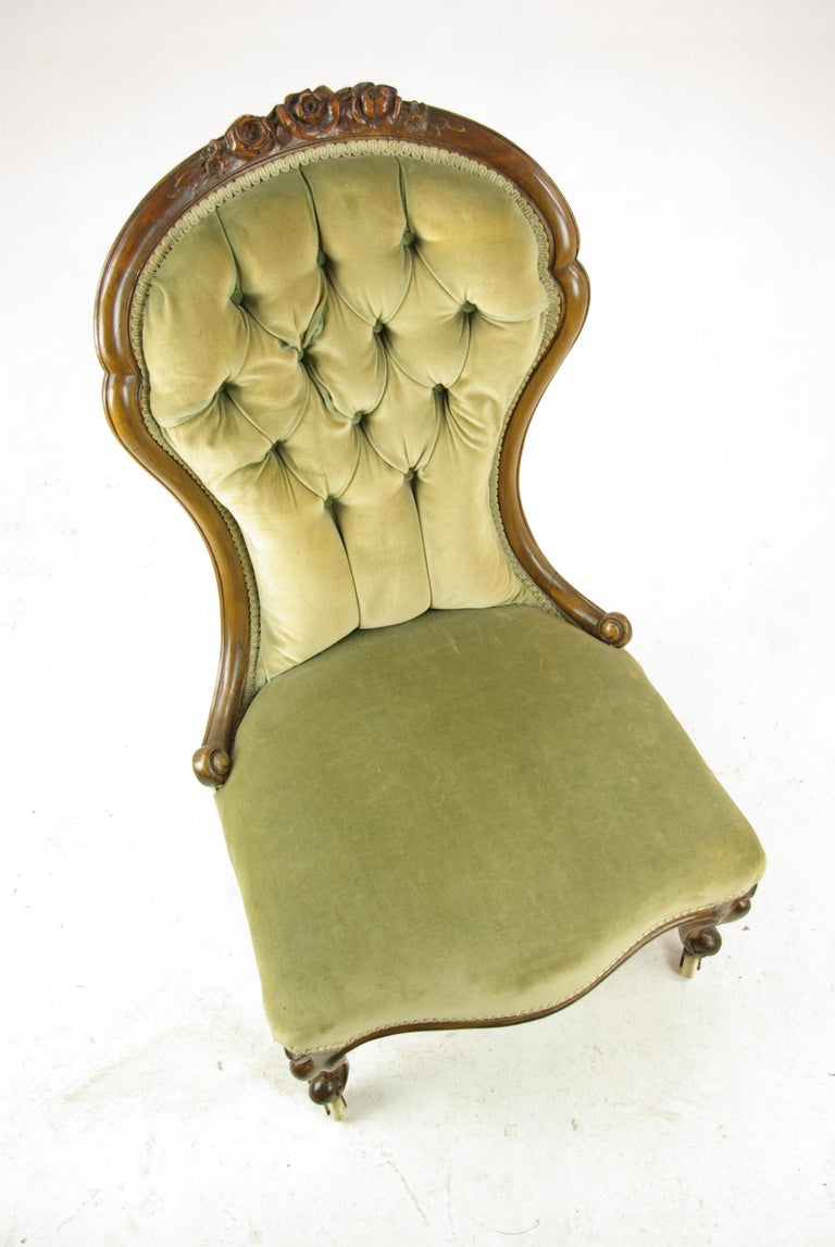 Victorian Parlor Chair, Antique Carved Walnut Ladies Chair, Scotland