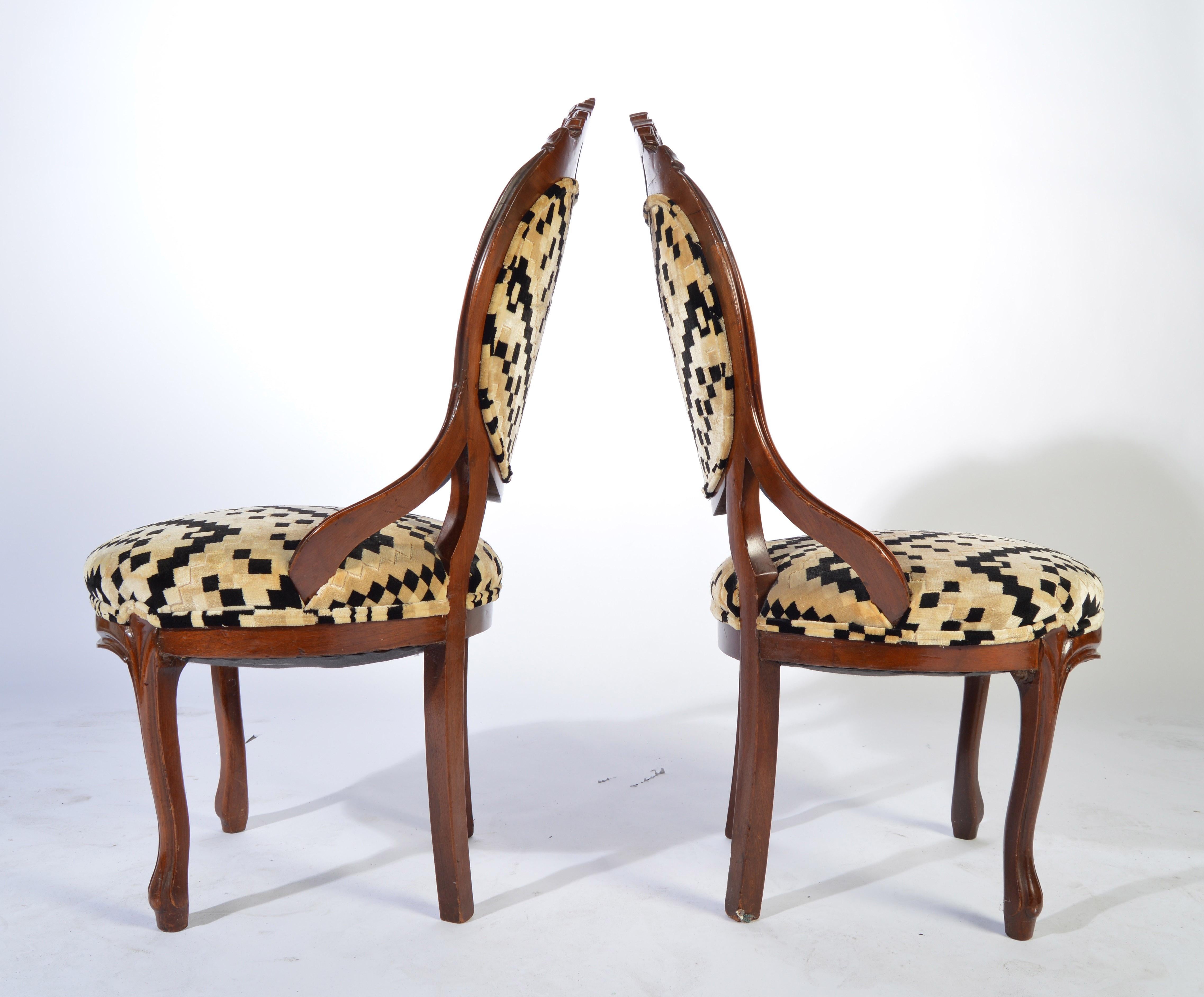 American Victorian Parlor Chairs Having Carved Mahogany Frames with Art Deco Upholstery
