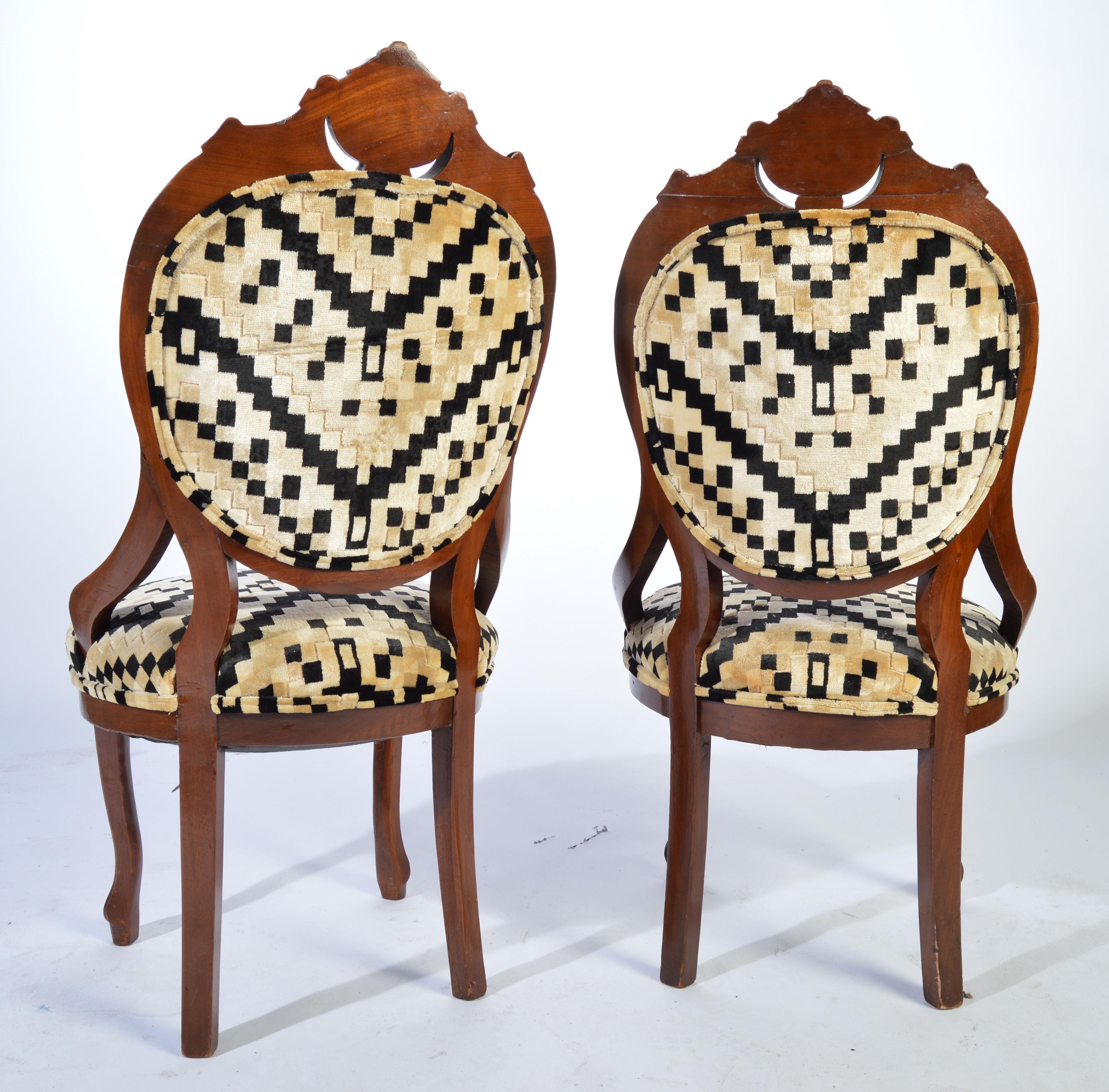 Hand-Carved Victorian Parlor Chairs Having Carved Mahogany Frames with Art Deco Upholstery