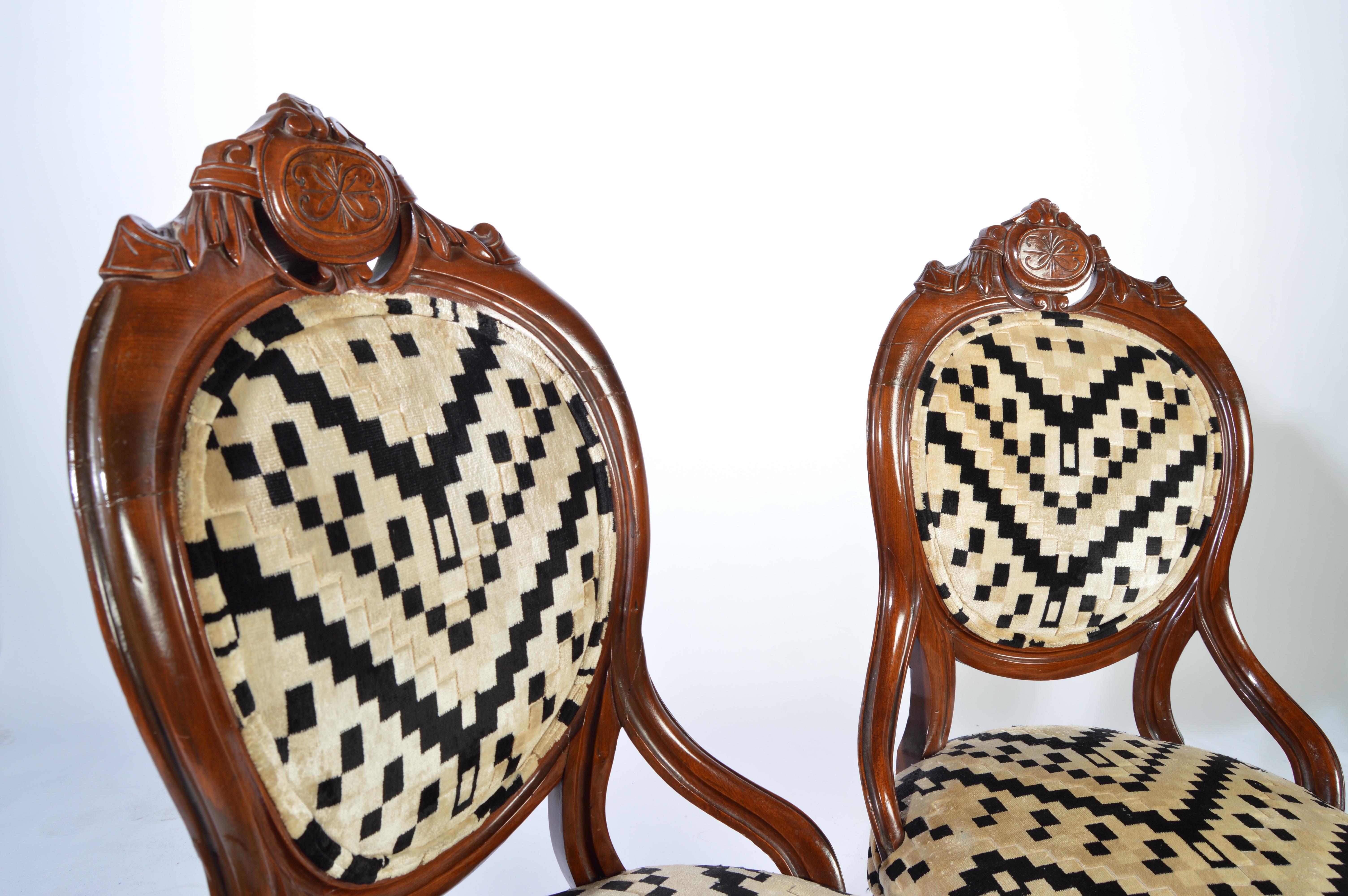 Victorian Parlor Chairs Having Carved Mahogany Frames with Art Deco Upholstery In Good Condition In Southampton, NJ