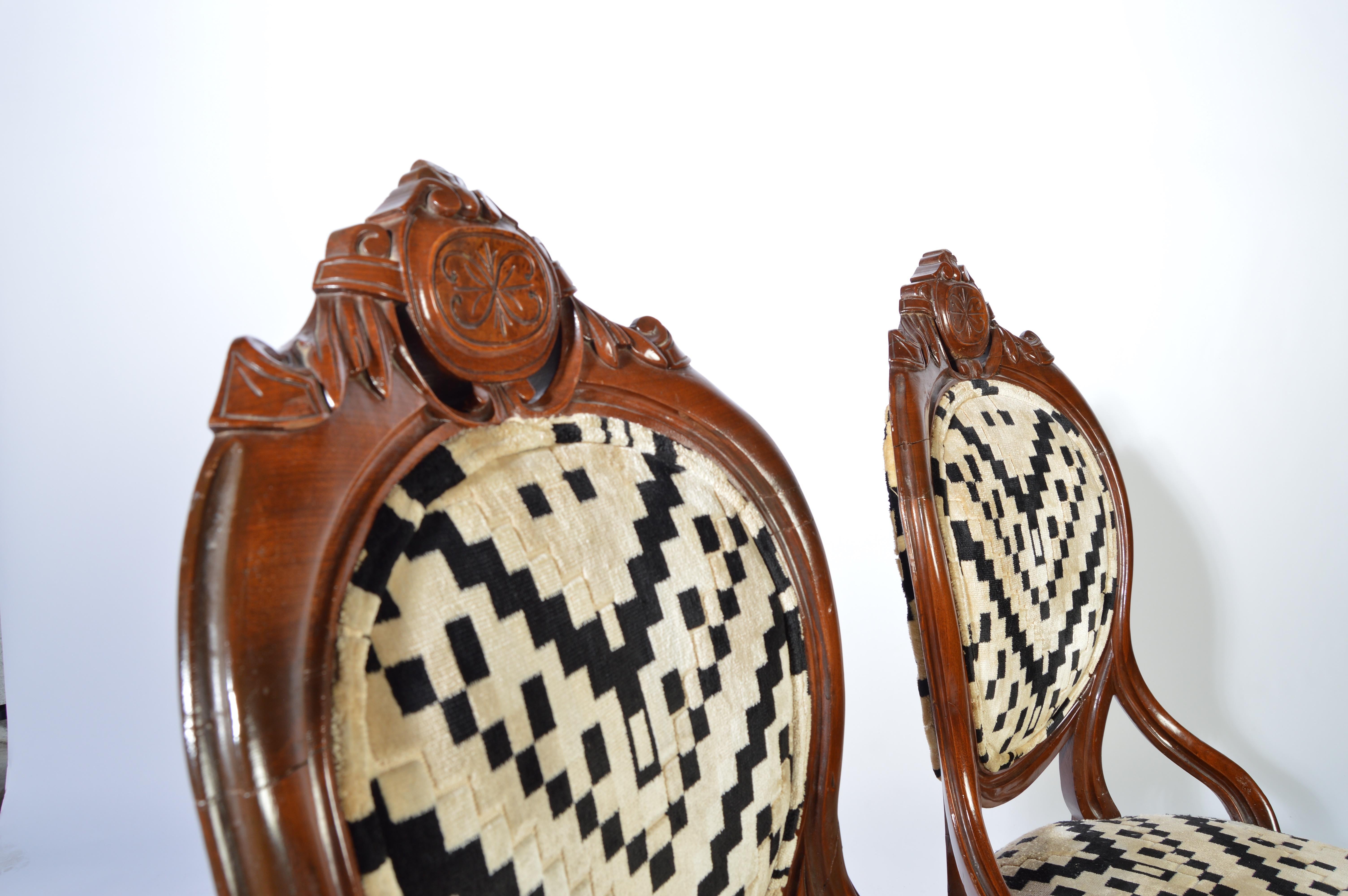 Mid-20th Century Victorian Parlor Chairs Having Carved Mahogany Frames with Art Deco Upholstery