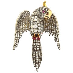 Victorian Parrot Brooch French 18 Karat Gold Rose Cut Diamonds 20.0 Ct.