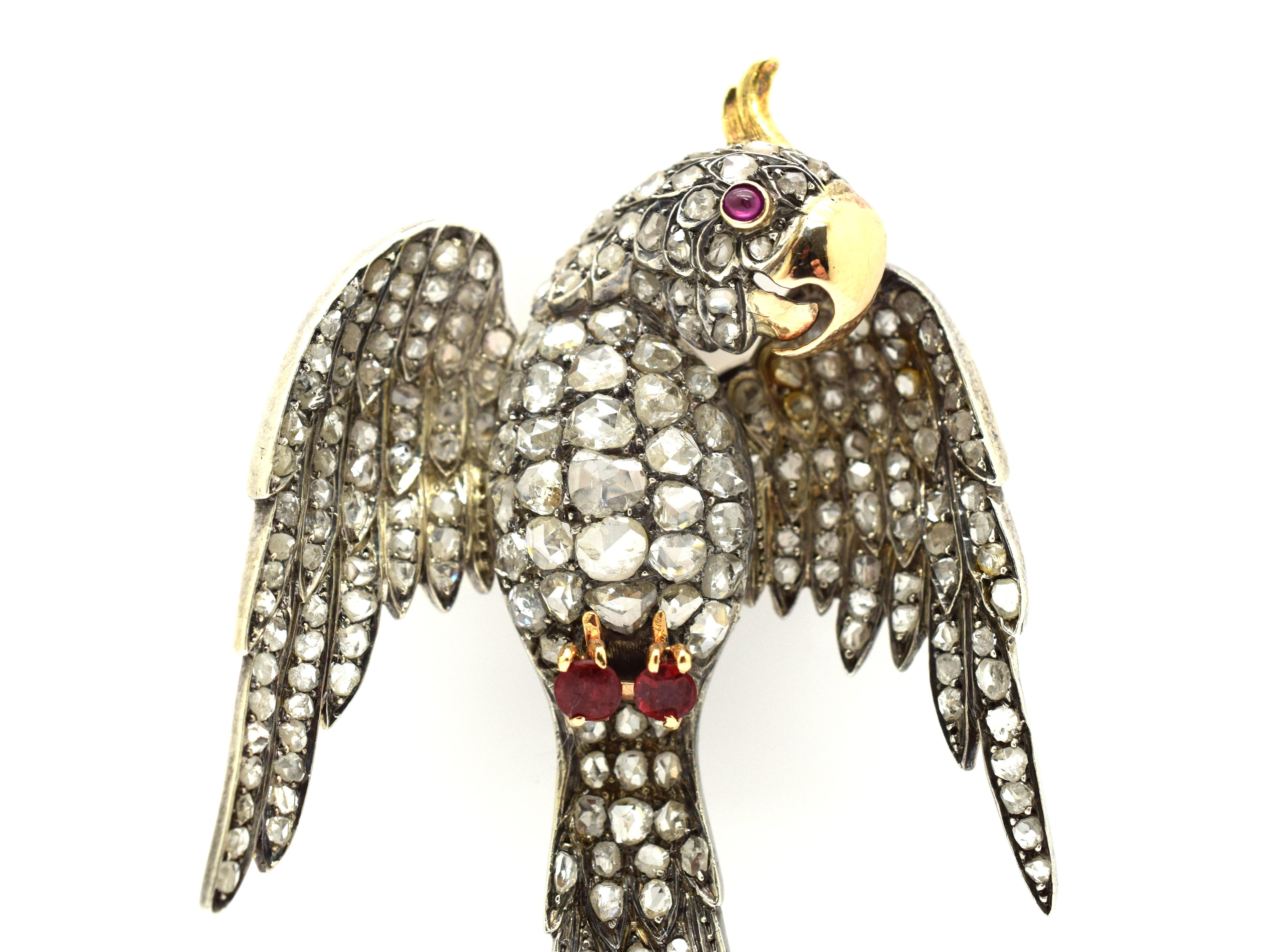 Victorian Parrot Brooch French 18 Karat Gold Rose Cut Diamonds 20.0 Ct. In Good Condition In MIAMI, FL