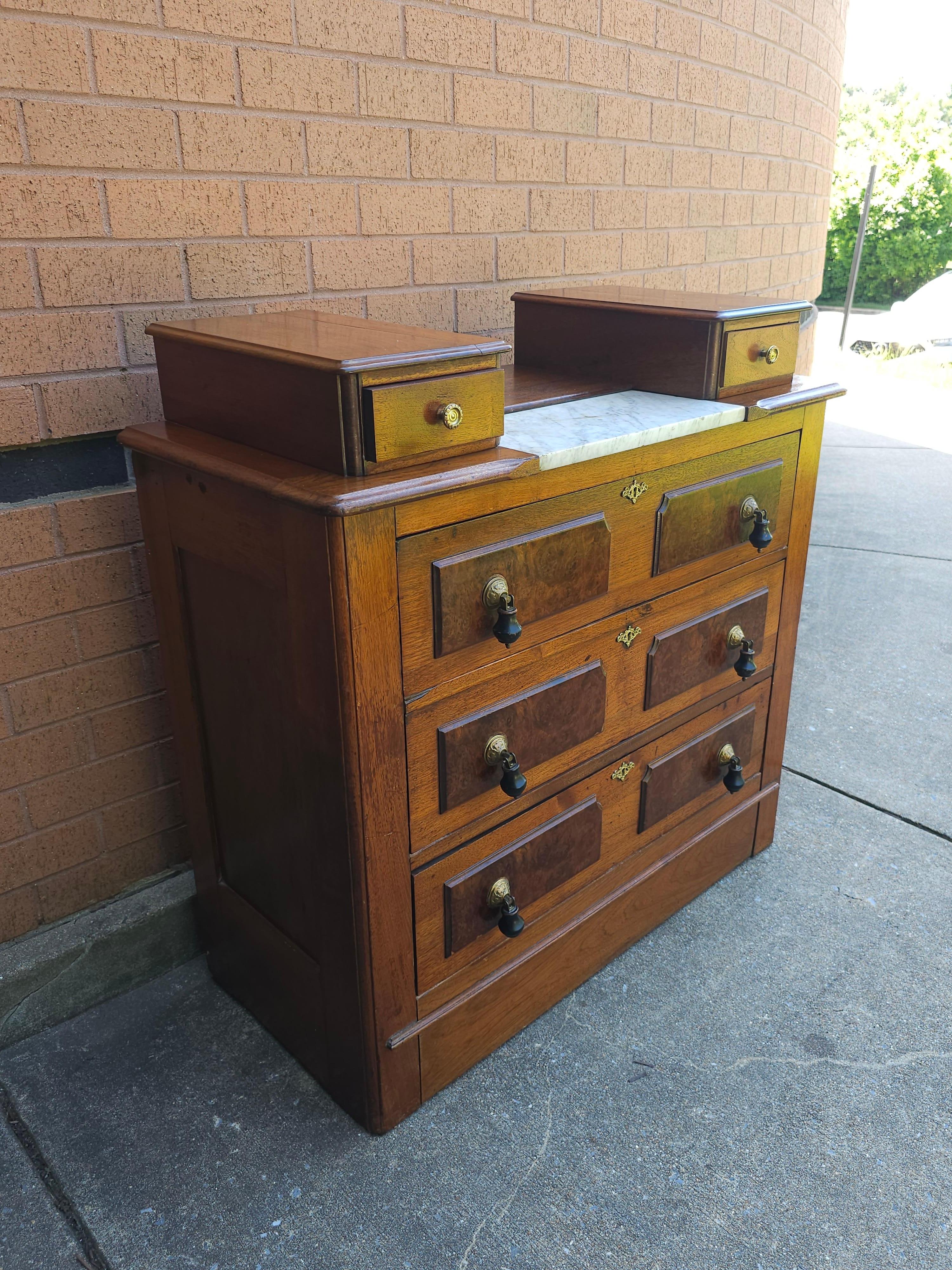 Brass Victorian Partial Burled Mahogany Chest of Drawers For Sale