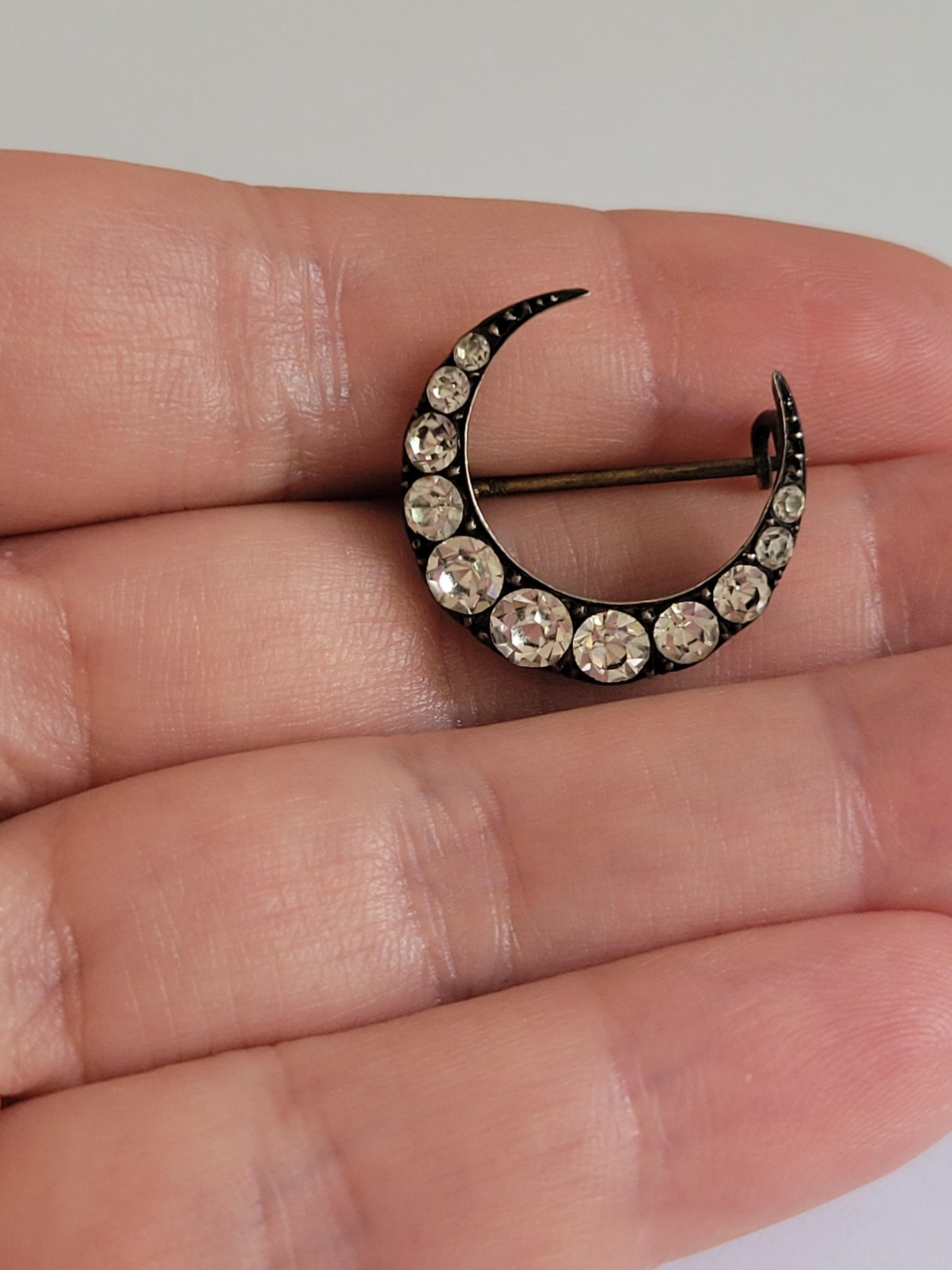 Victorian Paste Silver Crescent Moon Brooch For Sale 5