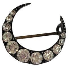 Victorian Paste Silver Crescent Moon Brooch