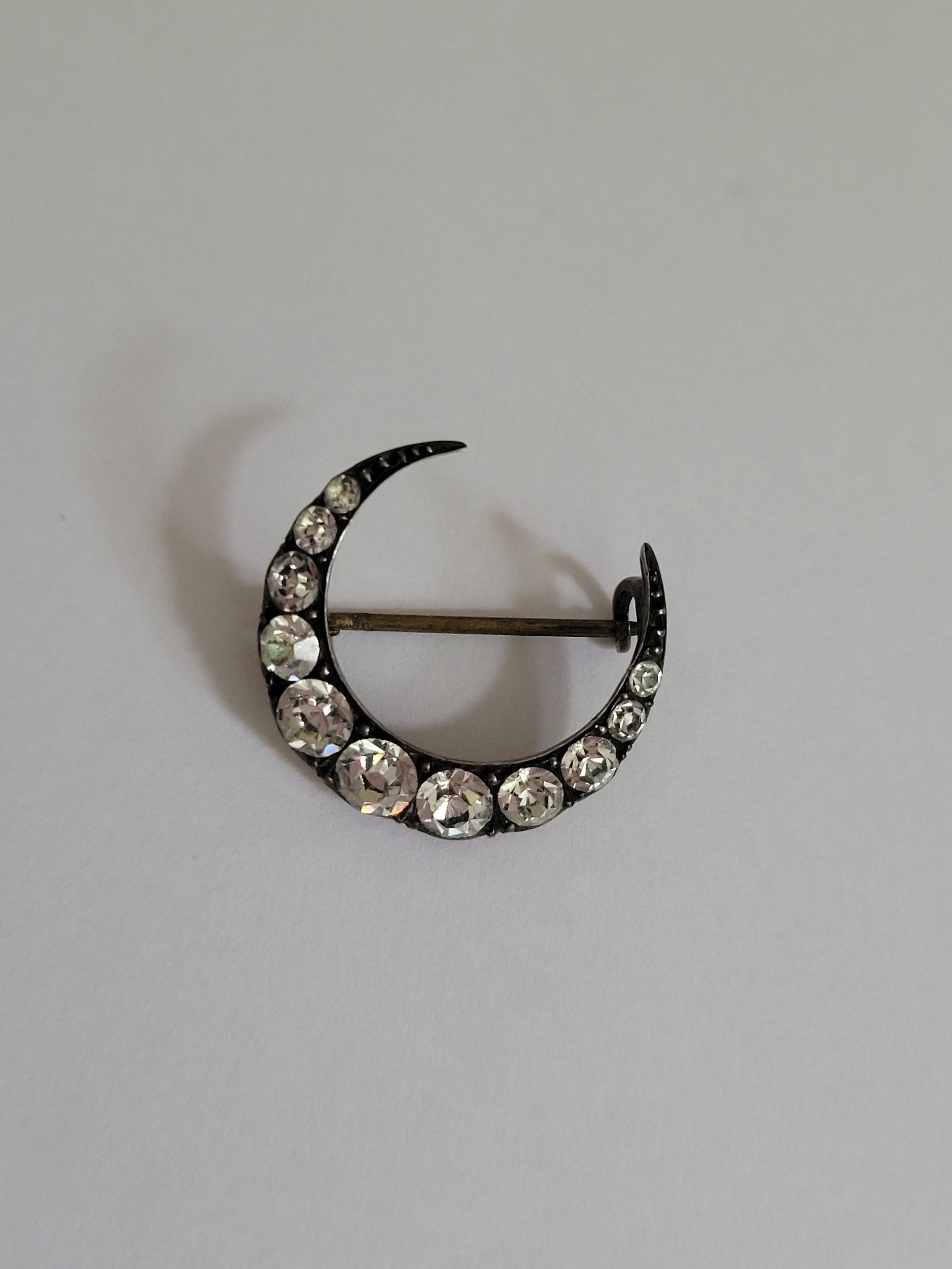Late Victorian Victorian Paste Silver Crescent Moon Brooch For Sale