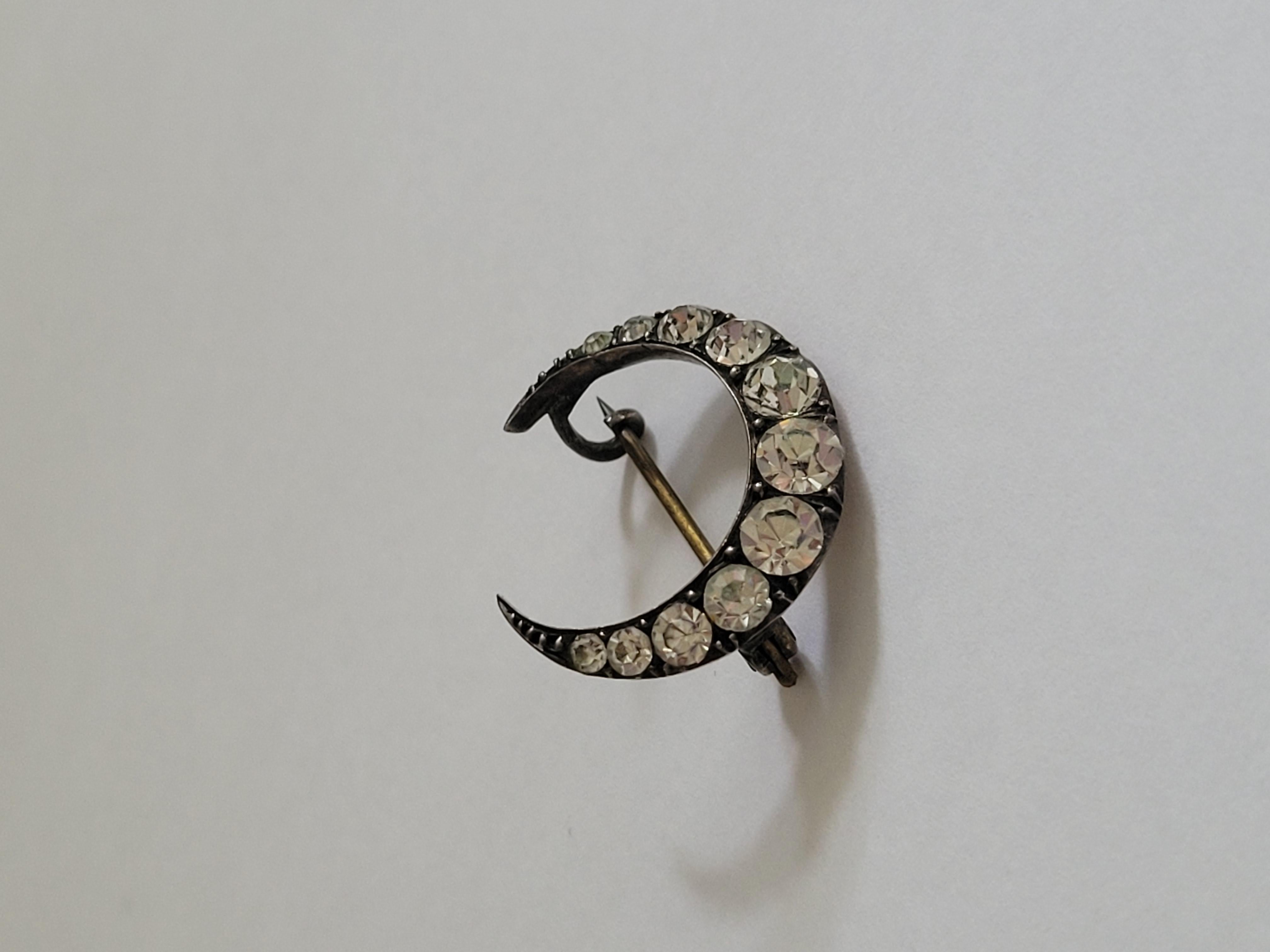 Women's Victorian Paste Silver Crescent Moon Brooch For Sale