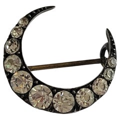 Used Victorian Paste Silver Crescent Moon Brooch
