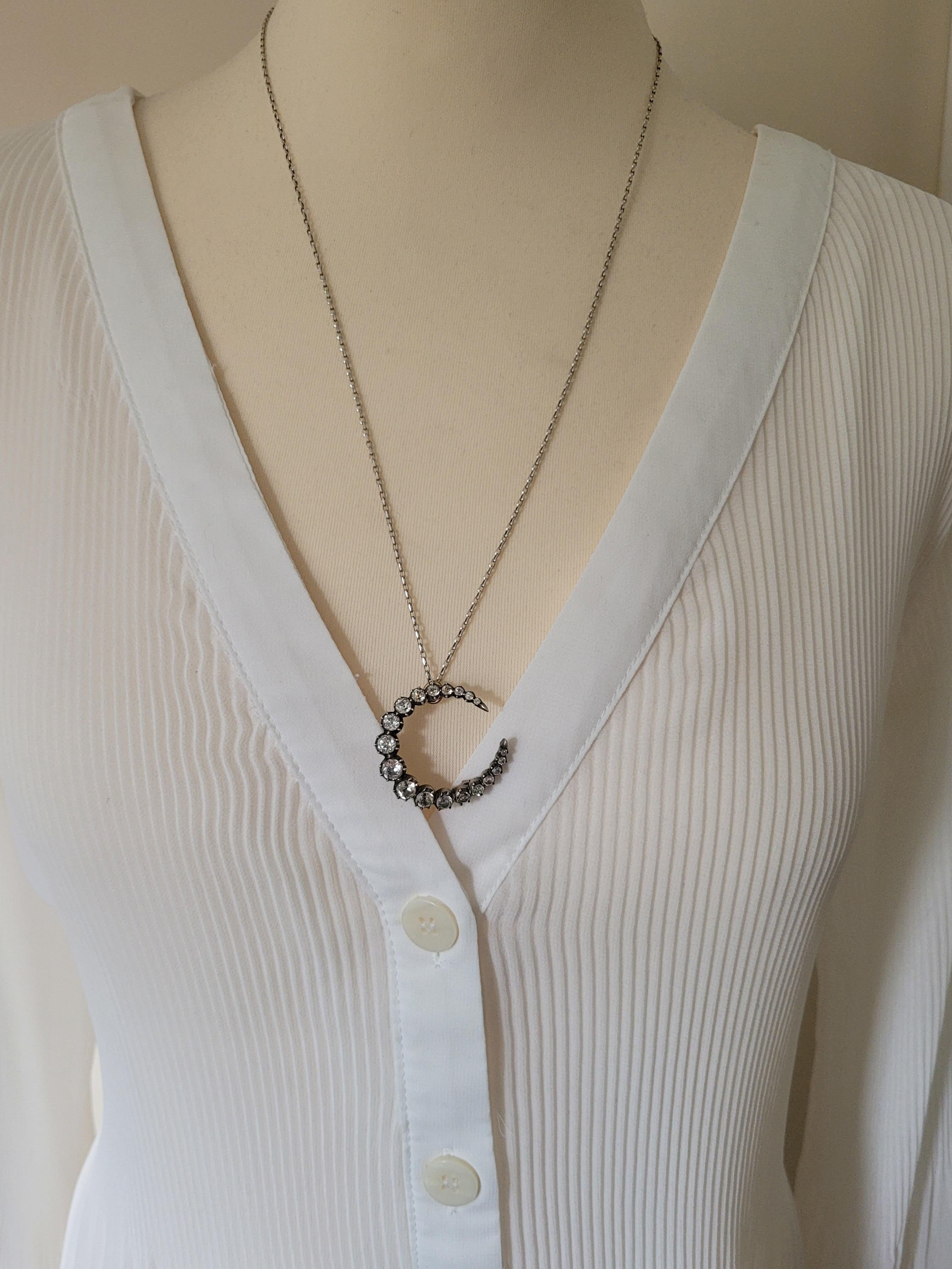 Victorian Paste Silver Crescent Moon Pendant Necklace For Sale 5