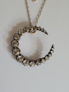 Victorian Paste Silver Crescent Moon Pendant Necklace