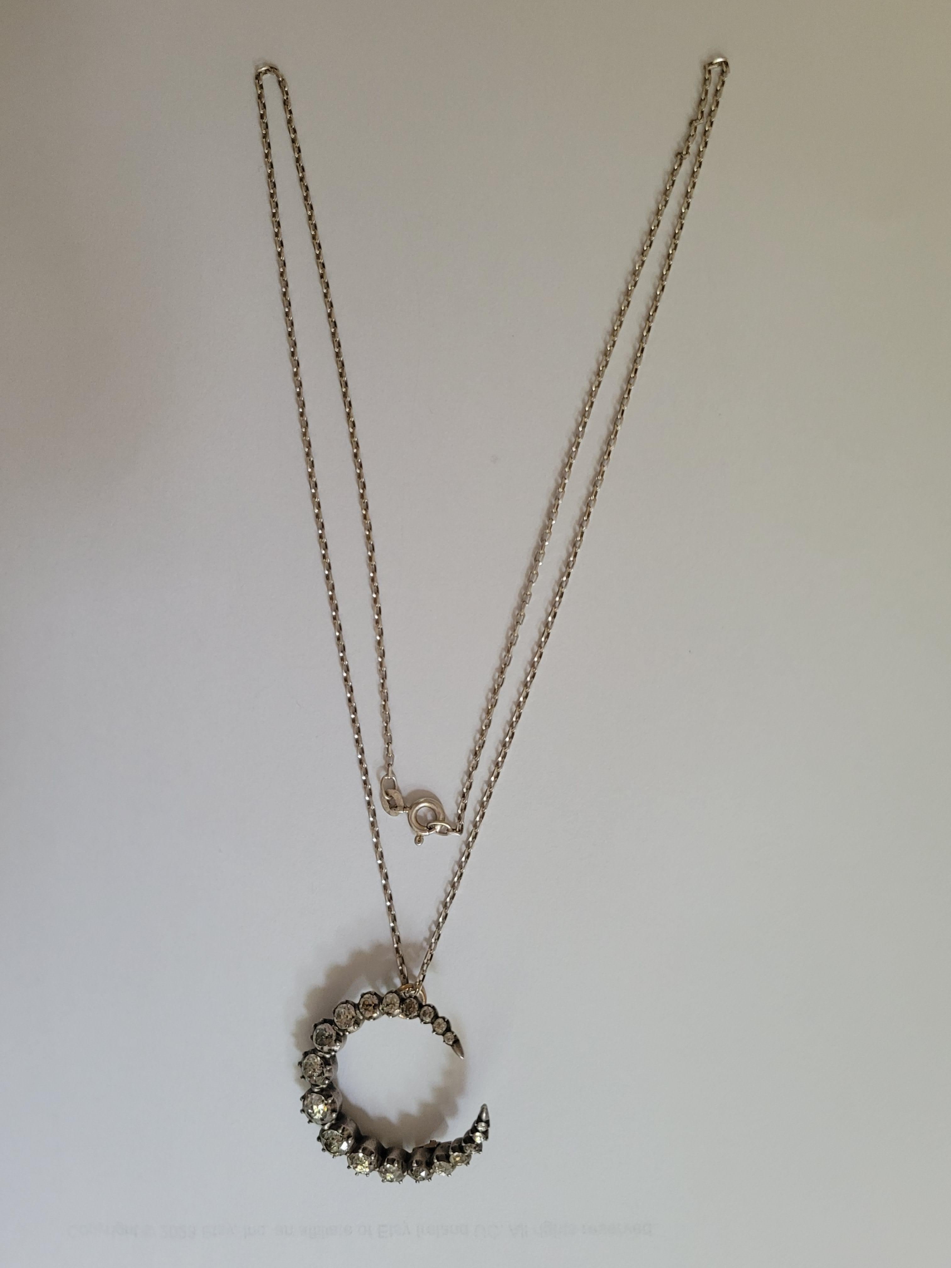 Late Victorian Victorian Paste Silver Crescent Moon Pendant Necklace For Sale