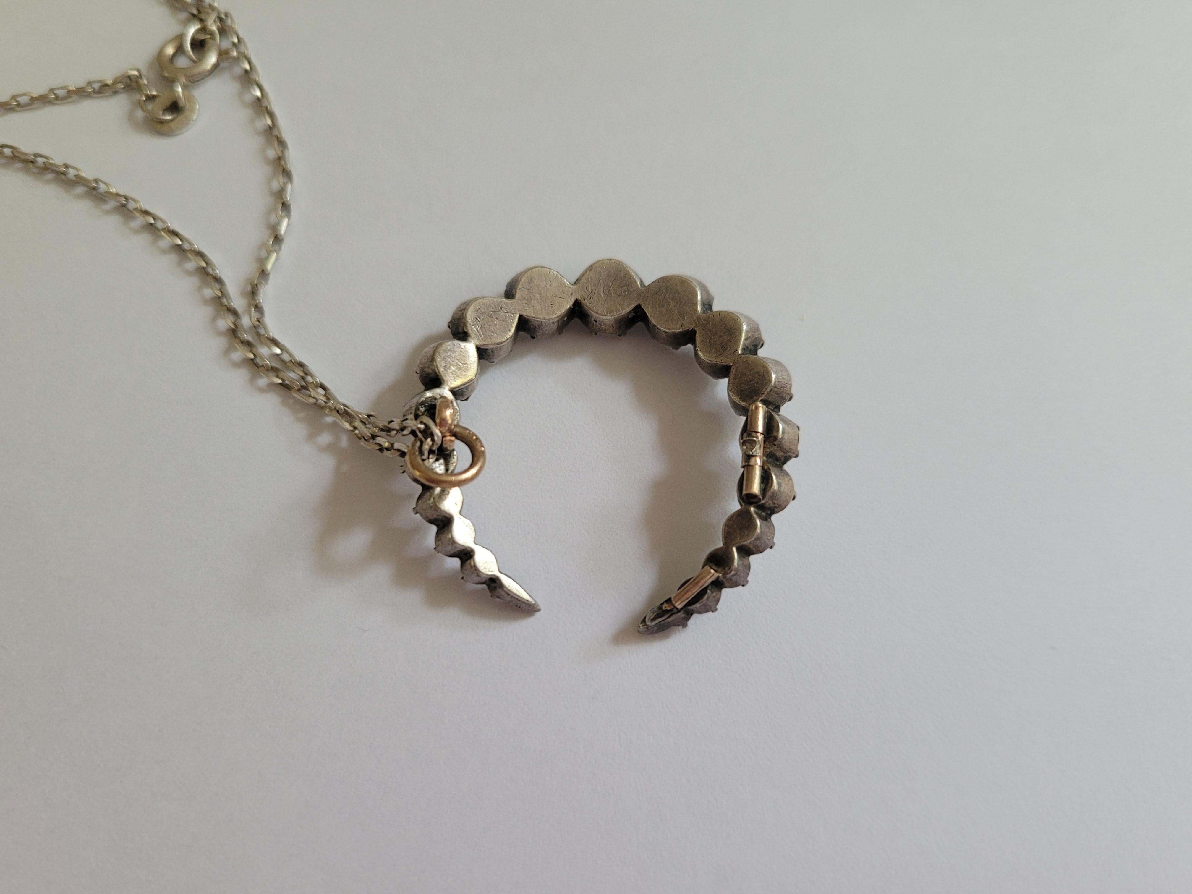 Victorian Paste Silver Crescent Moon Pendant Necklace For Sale 1