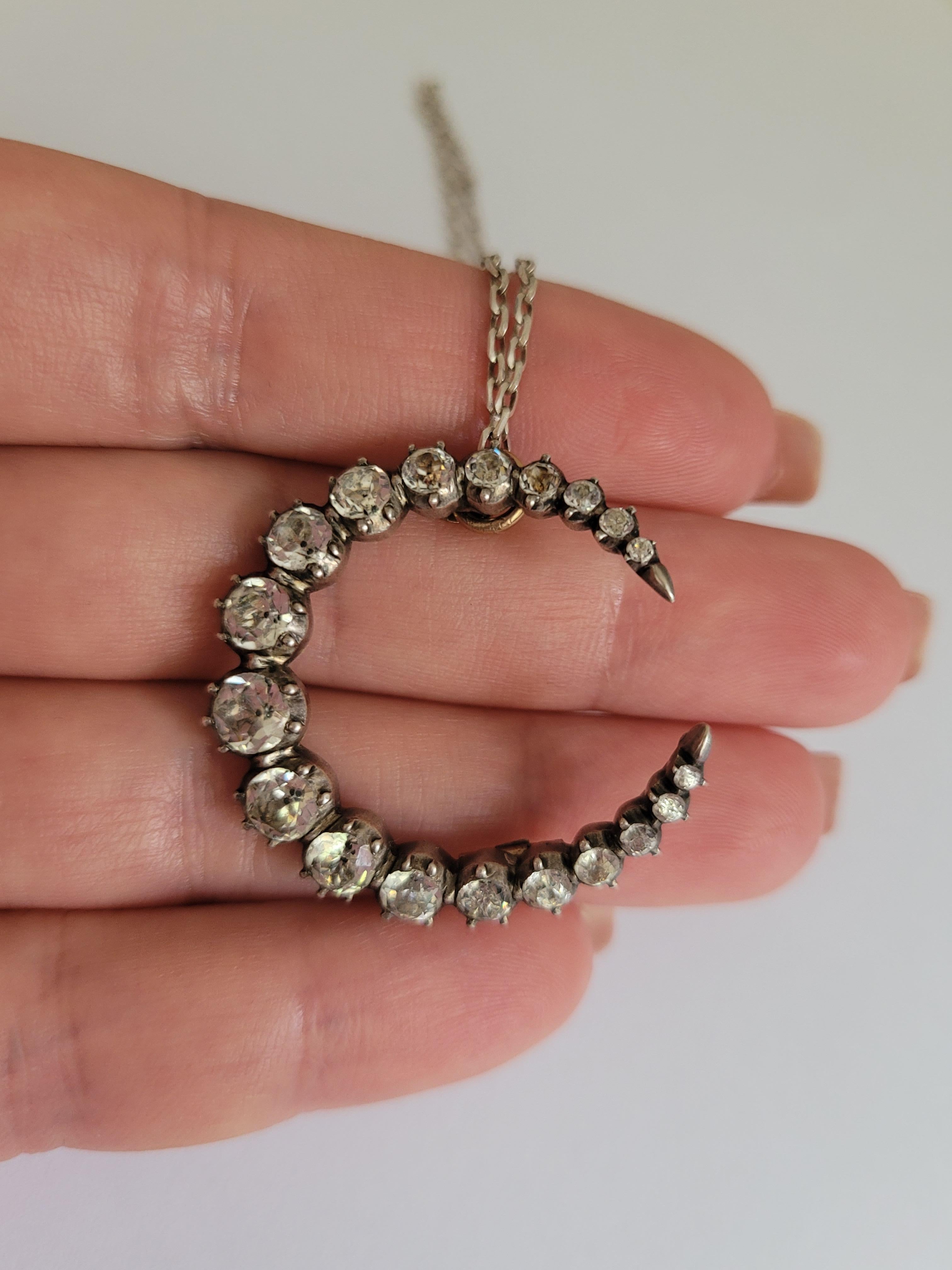 Victorian Paste Silver Crescent Moon Pendant Necklace For Sale 3