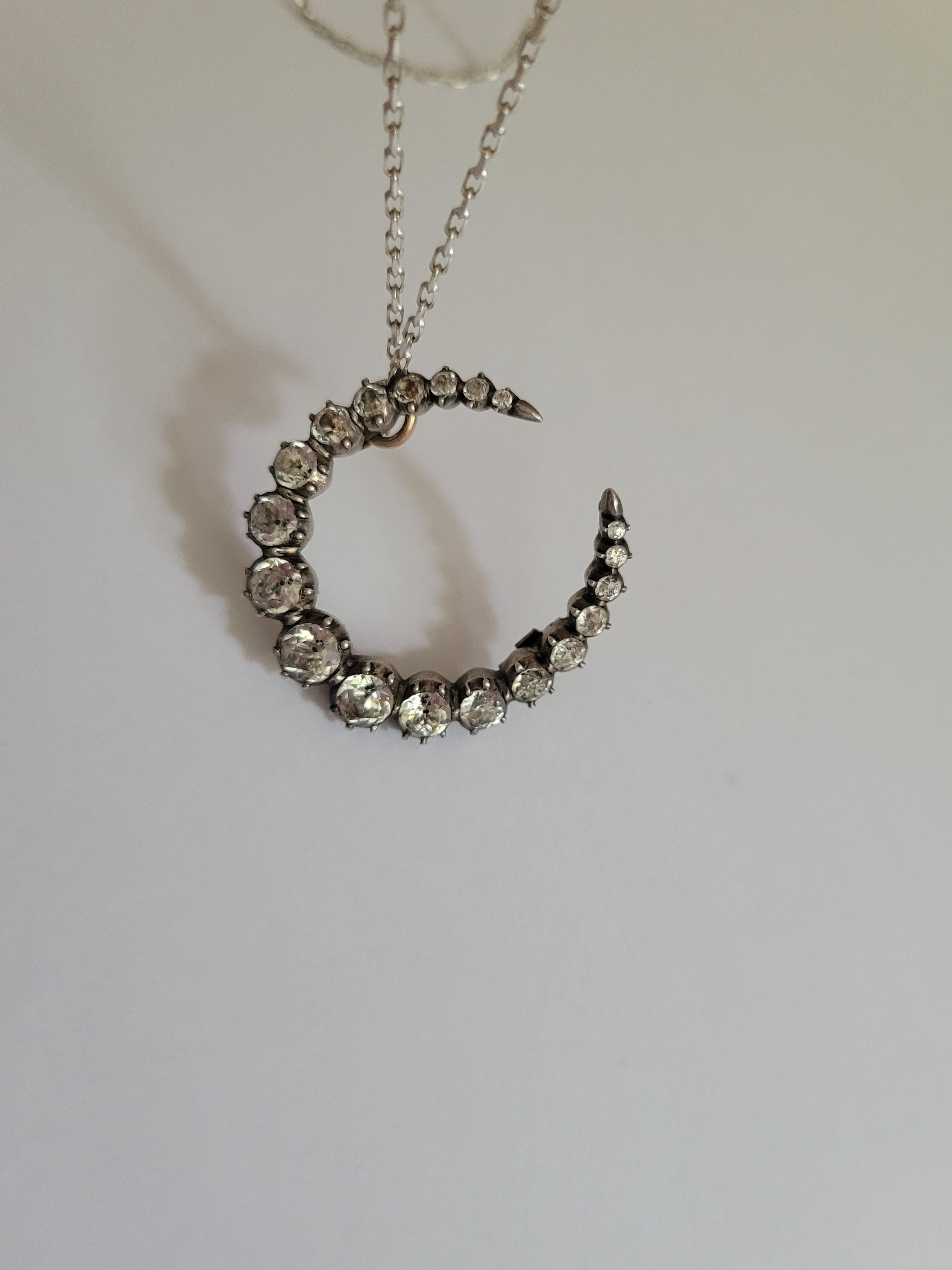 Victorian Paste Silver Crescent Moon Pendant Necklace For Sale 4