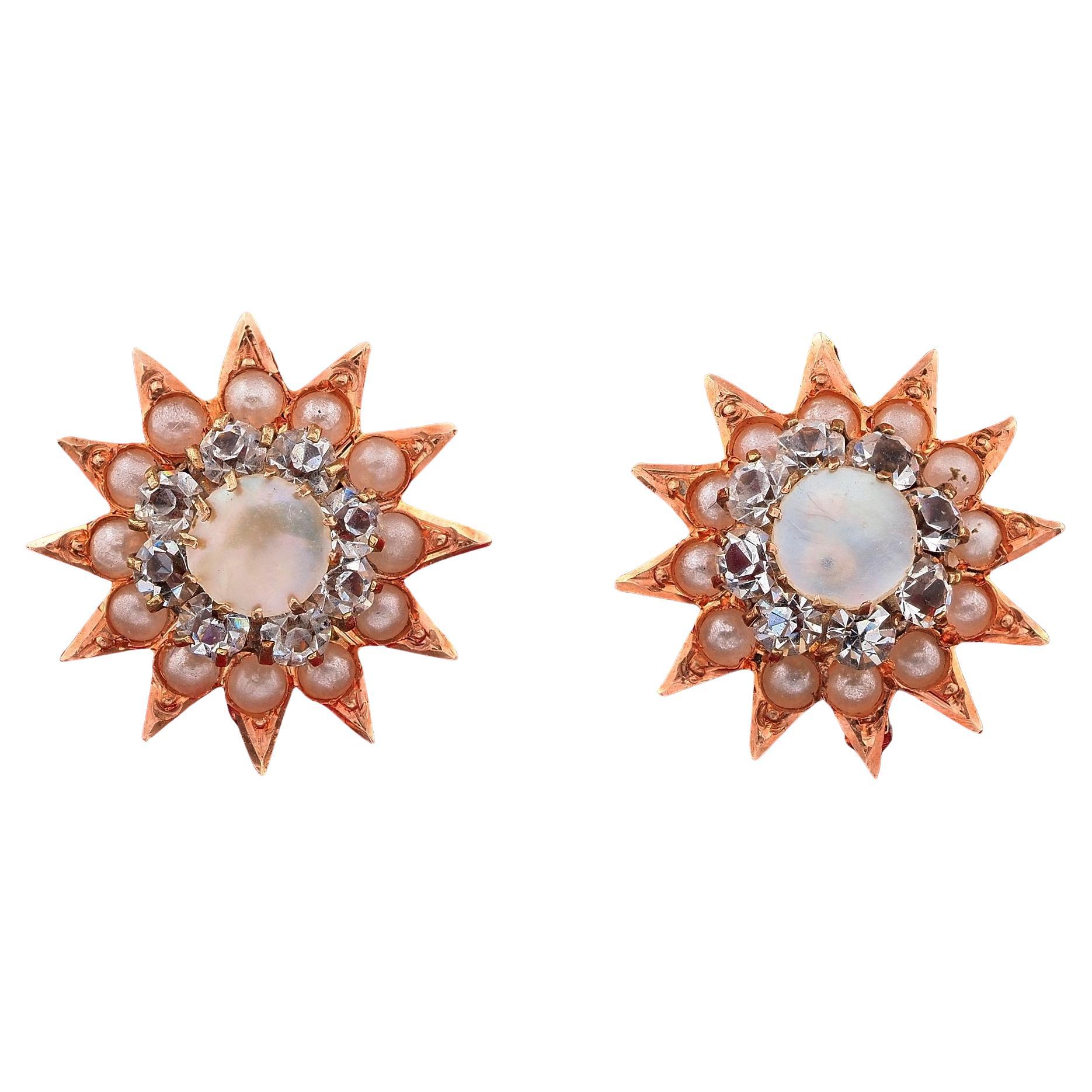 Boucles d'oreilles victoriennes en nacre avec pierres en pâte 18 KT en vente