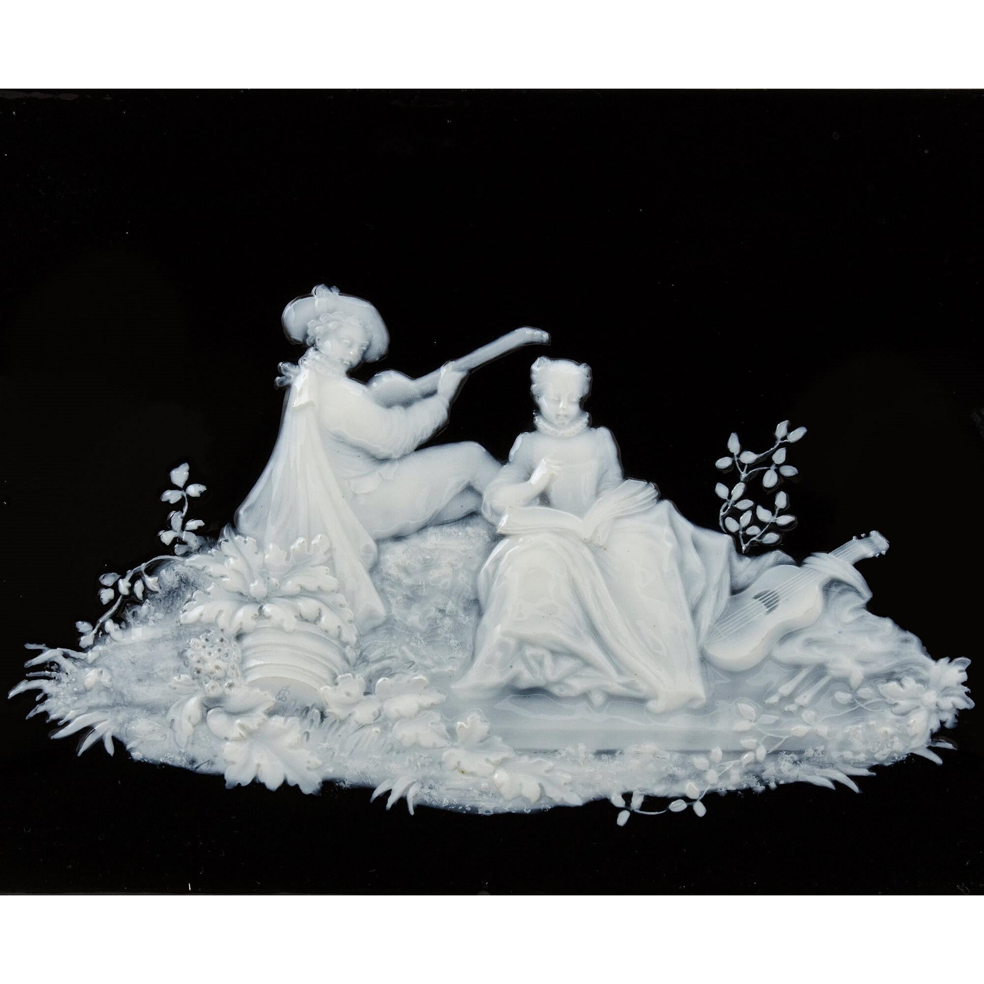 Victorian pate-sur-pate white and blue porcelain plaque by Cope In Good Condition For Sale In London, GB