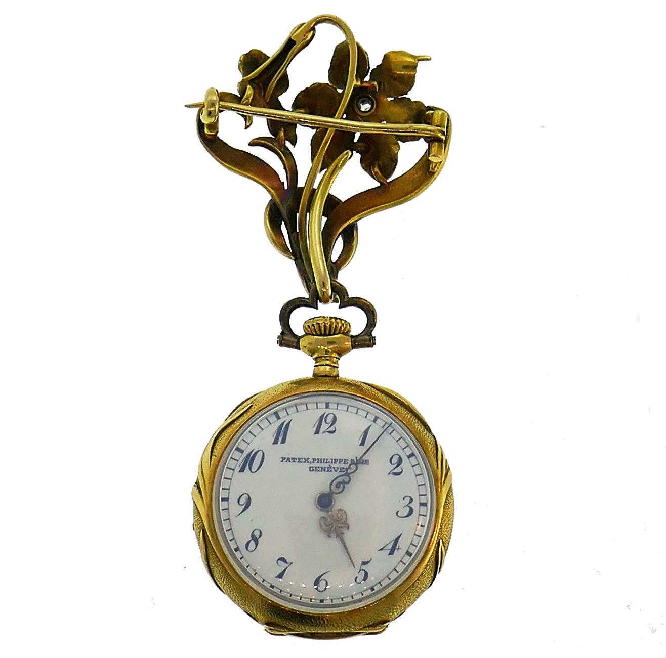 Rare Patek Philippe lapel/pocket watch that would be definitely a conversational piece. It was created in Switzerland in the 1900s. Made of 18 karat (stamped) yellow gold. The movement is original Patek Philippe manual hand-winded, numbered
