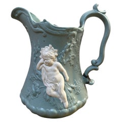 Victorian, "Patent Mosaic" Teal Blue Cherub Water Jug, Boote, Staffordshire 1846