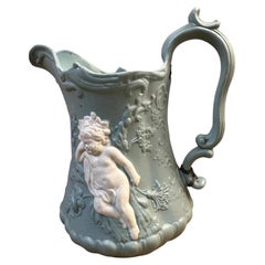 Victorian, "Patent Mosaic" Teal Blue Cherub Water Jug, Boote, Staffordshire 1846