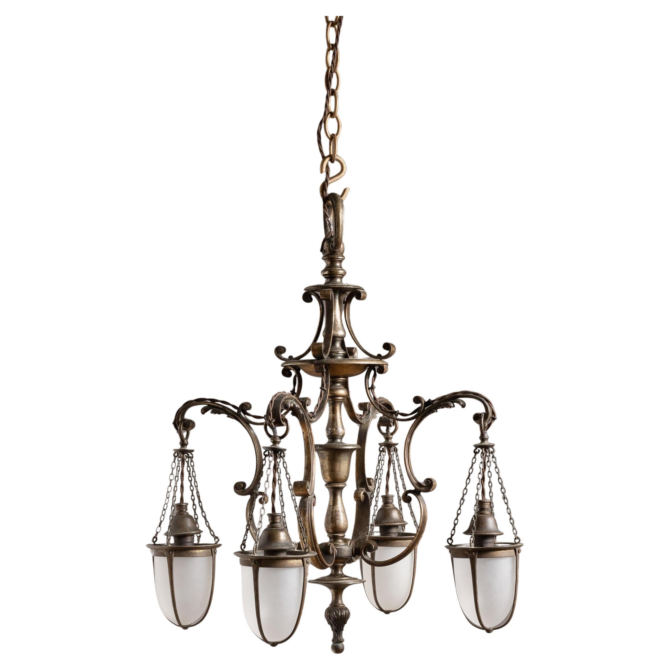 Victorian Patinated Brass and Glass Pendant Chandelier