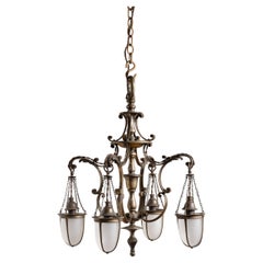 Antique Victorian Patinated Brass and Glass Pendant Chandelier