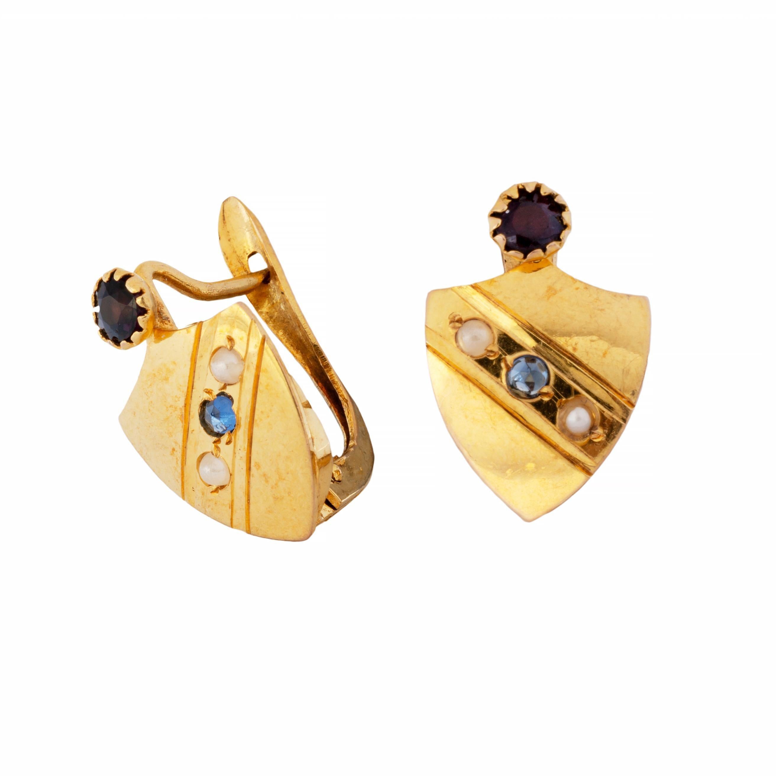 SALE! Victorian Patriotic Red White and Blue Shield Form Earrings in Yellow Gold In Good Condition In Boston, MA