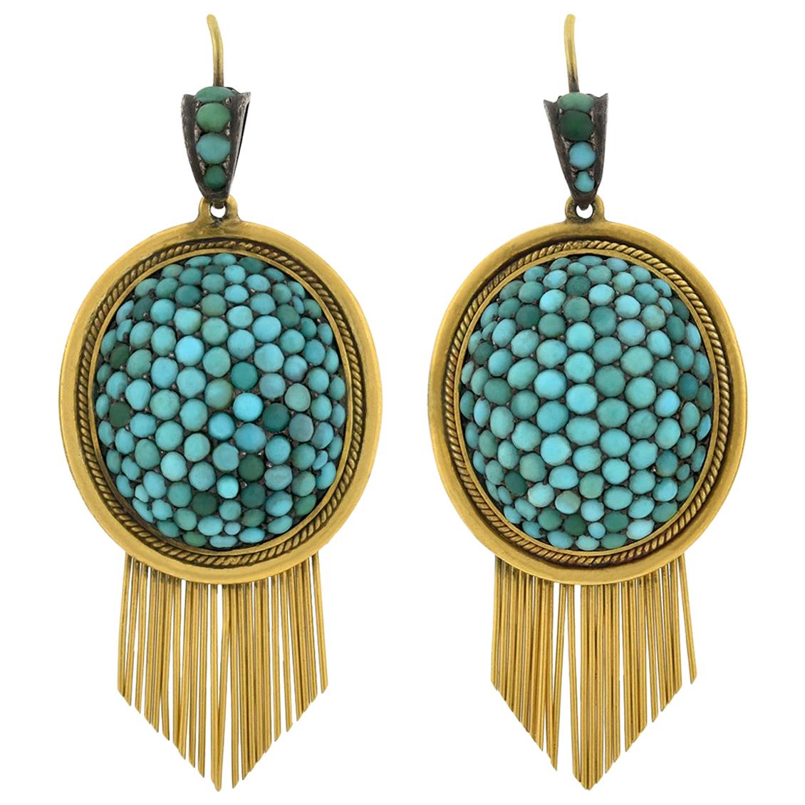 Victorian Pavé Persian Turquoise Gold Fringe Earrings