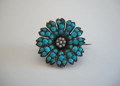 Victorian Pavé Set Turquoise & Seed Pearl Flower Brooch - Germany - Circa 1850