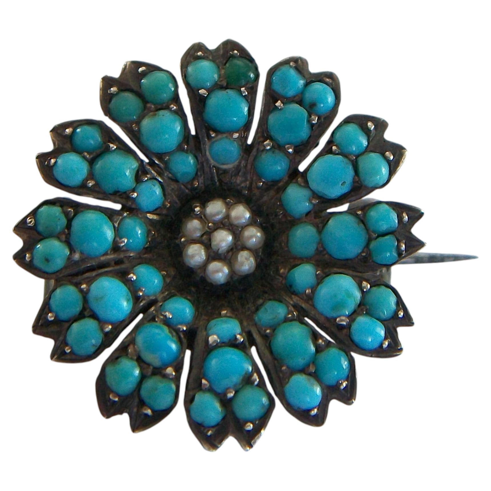Victorian Pavé Set Turquoise & Seed Pearl Flower Brooch - Germany - Circa 1850 For Sale