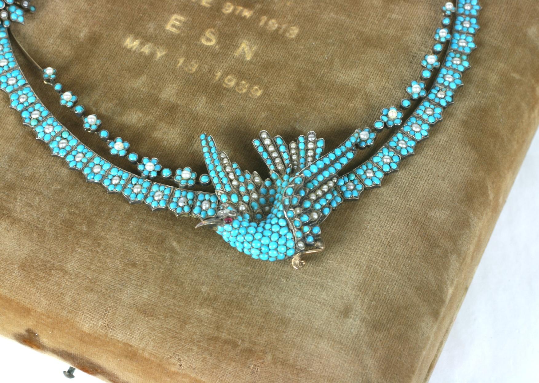 Victorian Pave Turquoise and Pearl Sparrow Necklace For Sale 2
