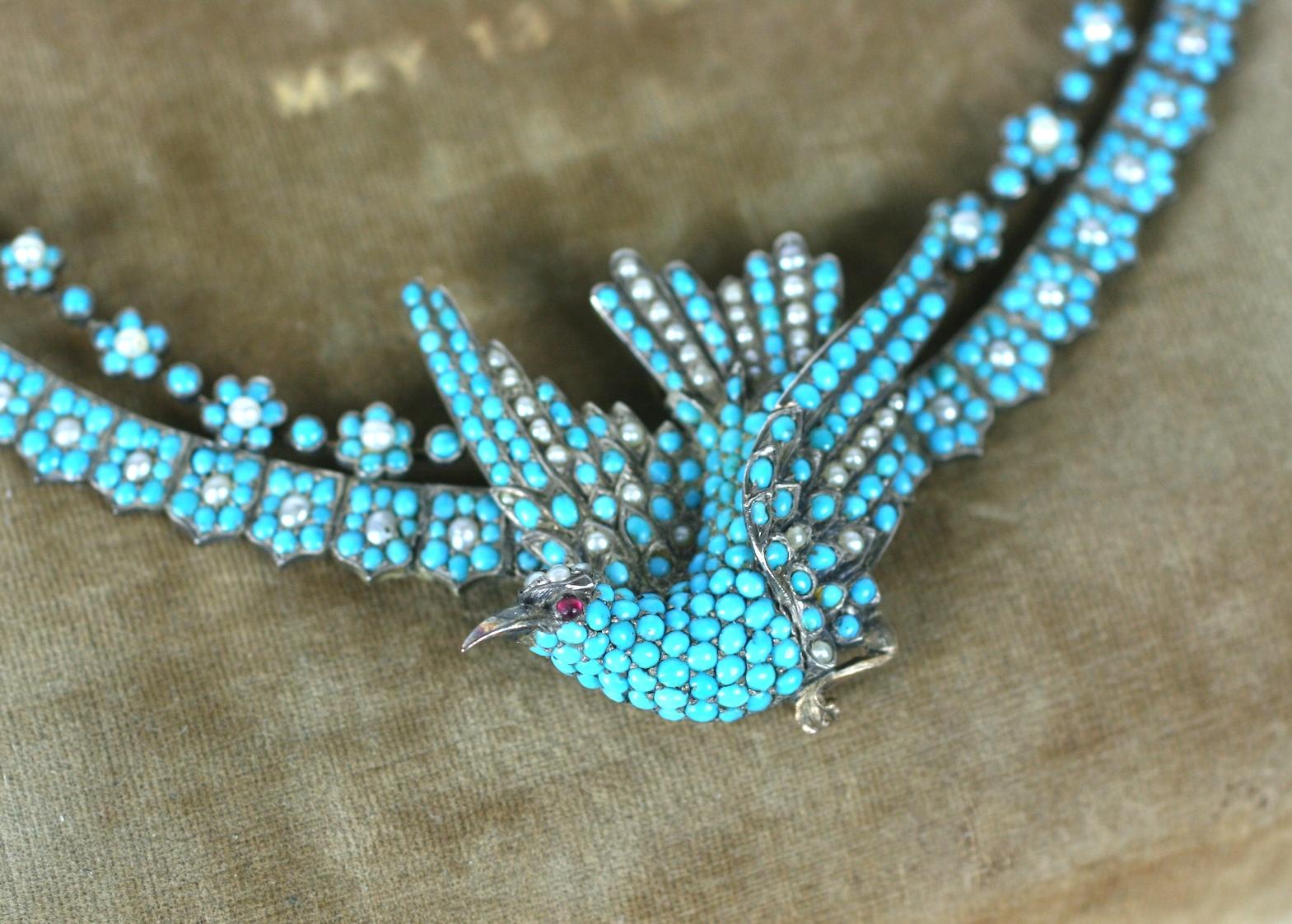 Victorian Pave Turquoise and Pearl Sparrow Necklace For Sale 6