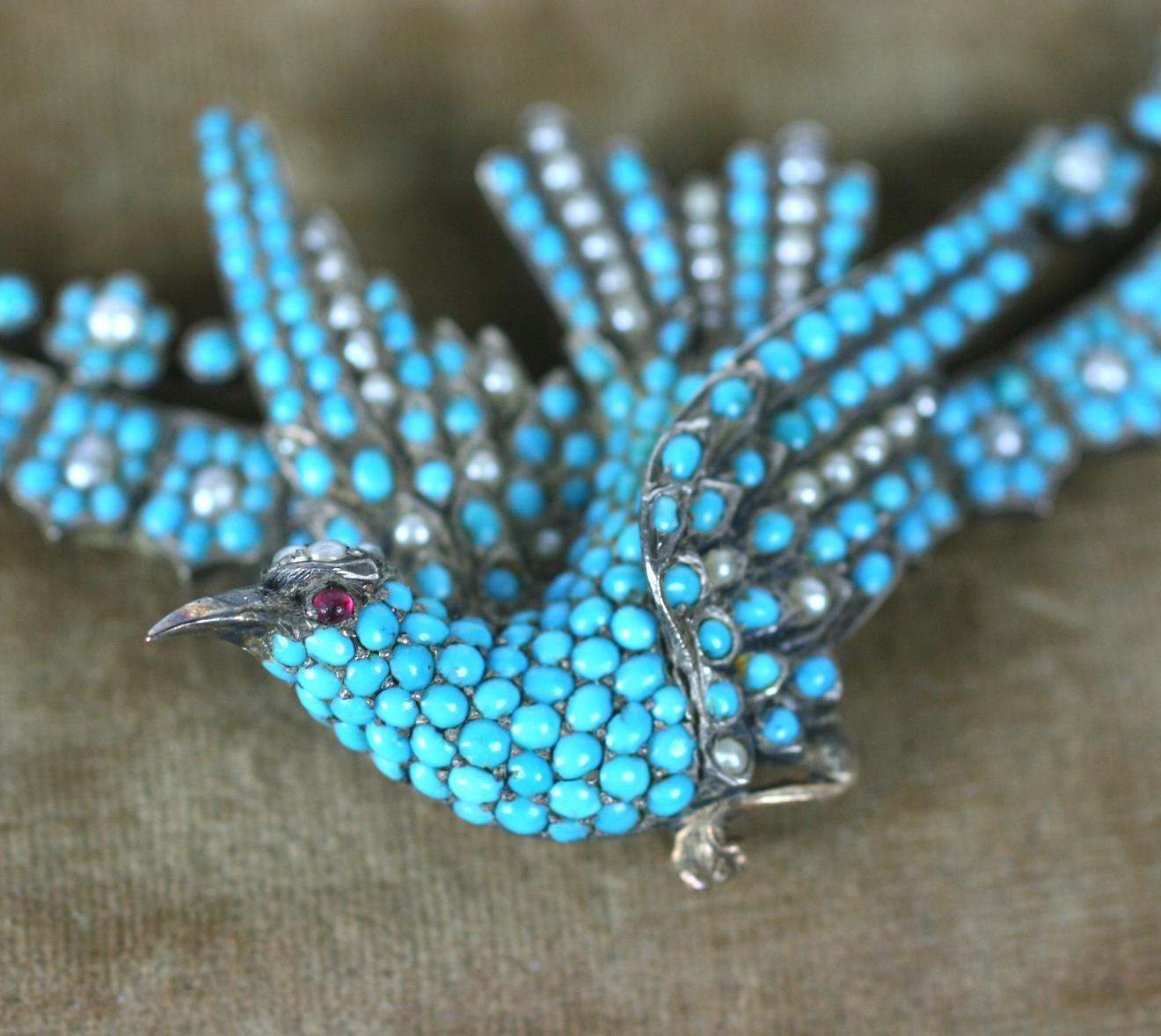 Victorian Pave Turquoise and Pearl Sparrow Necklace For Sale 7