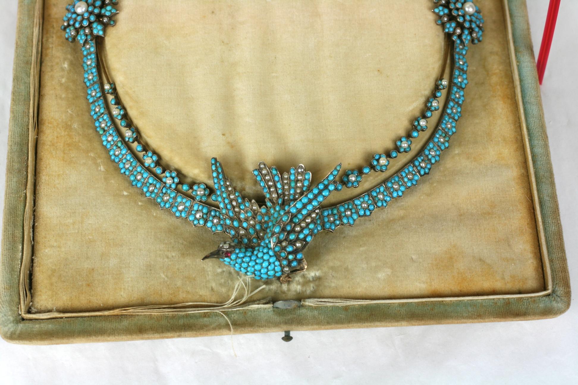 Viktorianische Pave Türkis und Perle Spatz Halskette (Hochviktorianisch) im Angebot