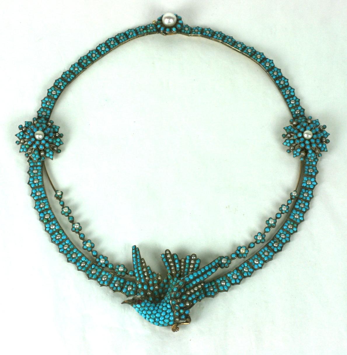 Viktorianische Pave Türkis und Perle Spatz Halskette im Zustand „Gut“ im Angebot in Riverdale, NY
