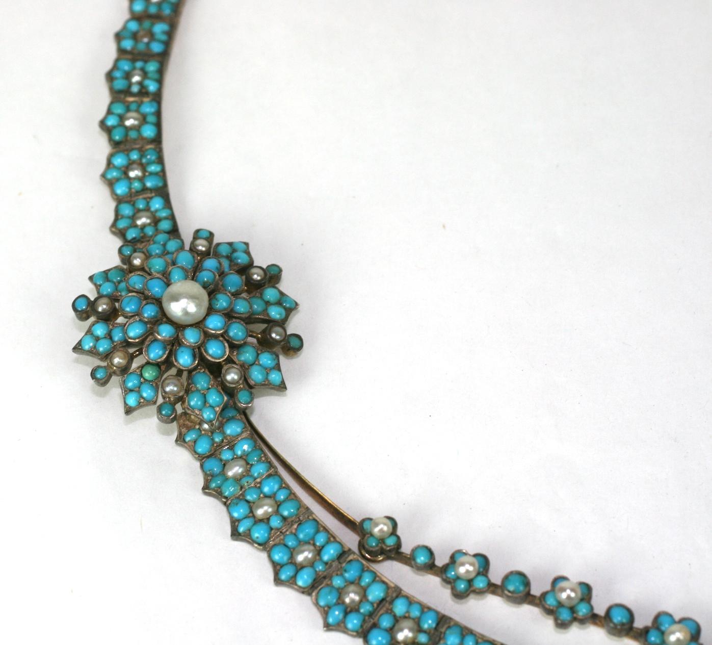 Victorian Pave Turquoise and Pearl Sparrow Necklace In Good Condition For Sale In Riverdale, NY