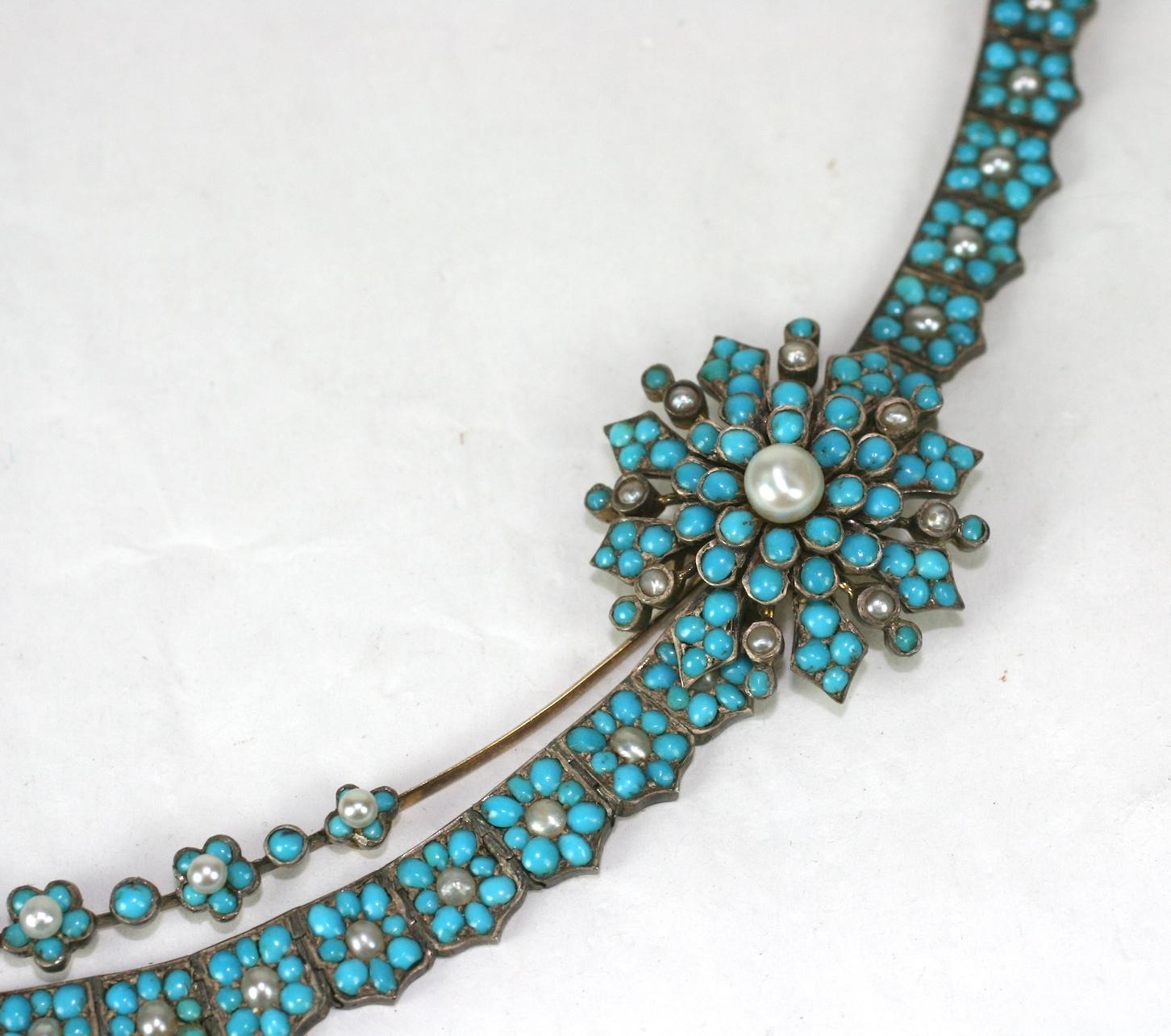 Women's or Men's Victorian Pave Turquoise and Pearl Sparrow Necklace For Sale