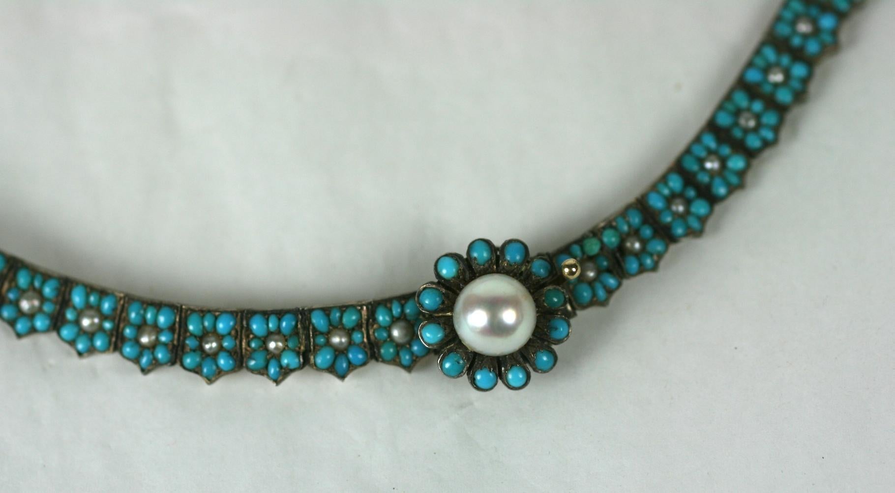 Victorian Pave Turquoise and Pearl Sparrow Necklace For Sale 1