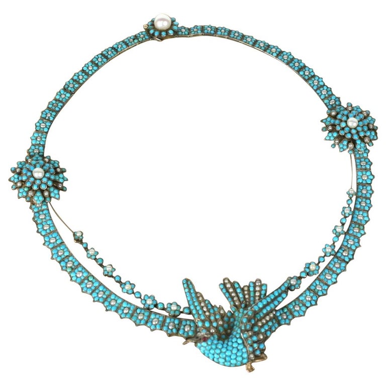 Victorian Pavé-Turquoise and Pearl Sparrow Necklace, 1860, offered by Vintage Luxury