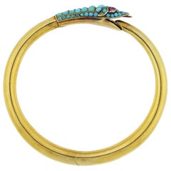 Victorian Pavé Turquoise and Ruby Snake Bangle Bracelet