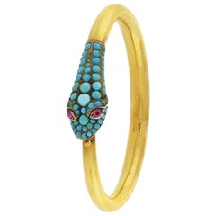 Victorian Pavé Turquoise and Ruby Snake Bangle Bracelet