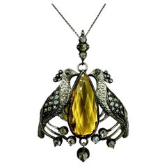 Victorian Peacock Birds Citrine Diamond Pendant Necklace Circa 1890s