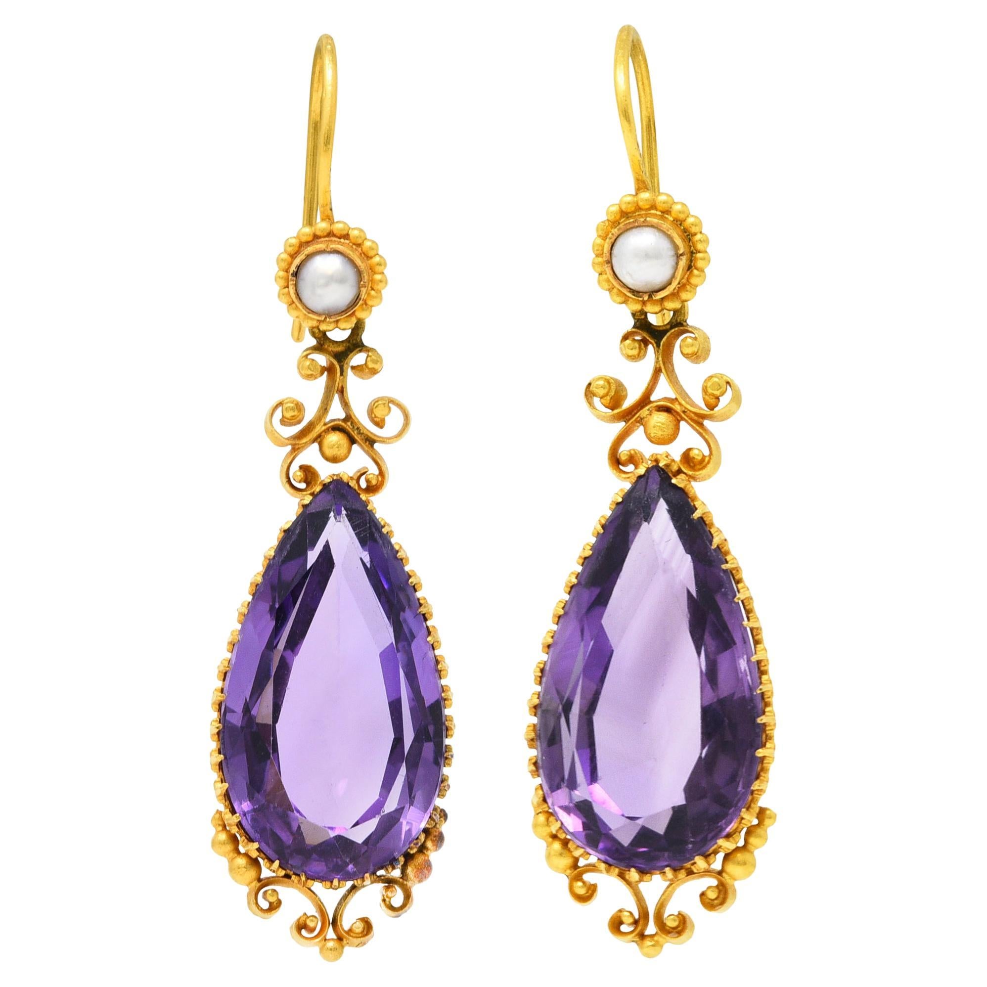 Victorian Pear Cut Amethyst Pearl 18 Karat Gold Whiplash Antique Drop Earrings