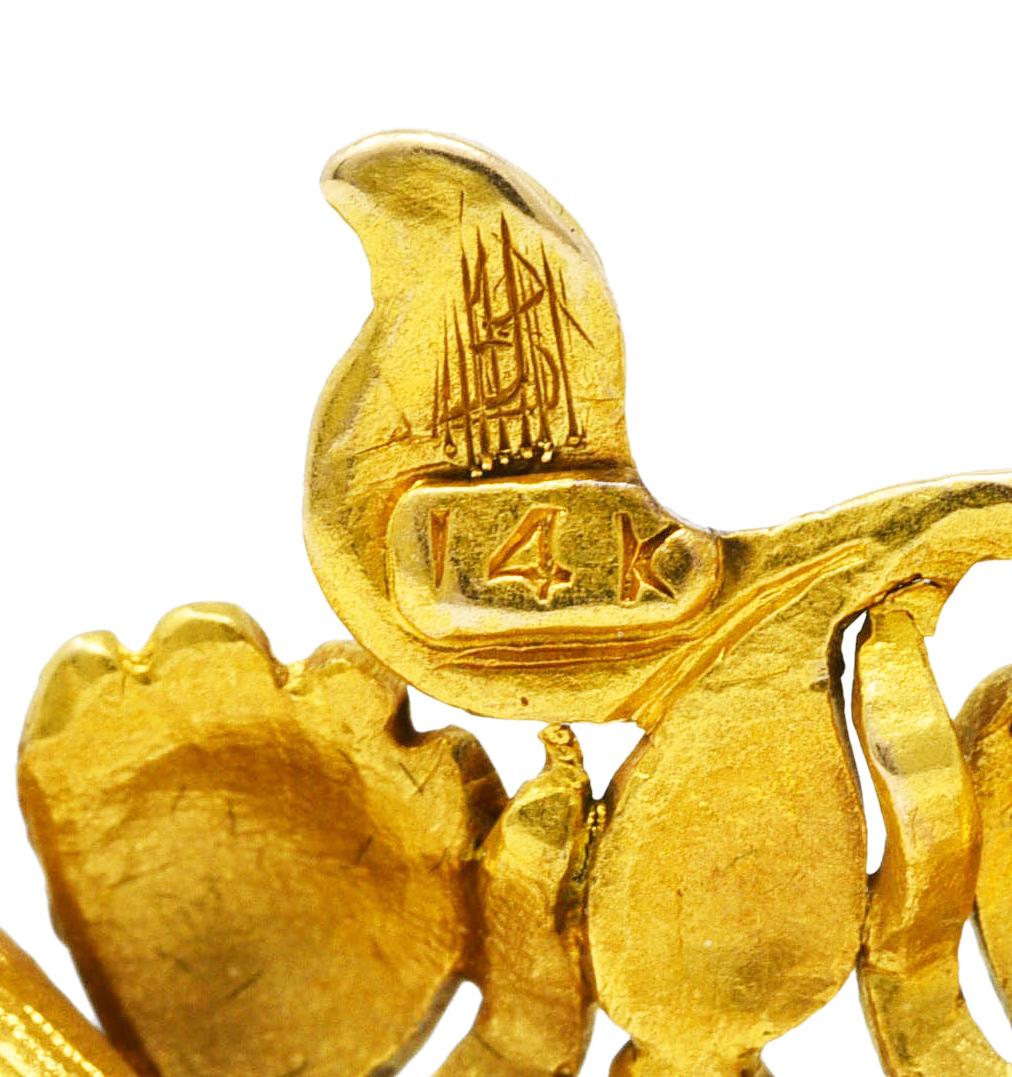 Women's or Men's Victorian Pear Cut Diamond 14 Karat Yellow Gold Trumpet Flower Watch Pin Brooch