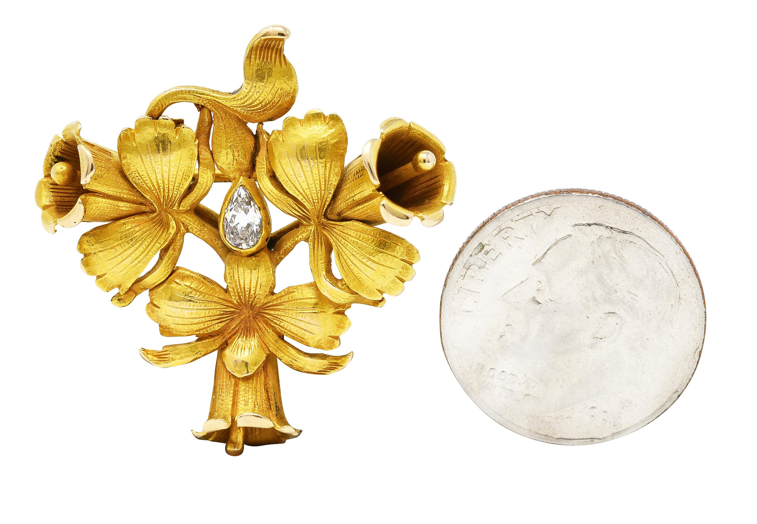 Victorian Pear Cut Diamond 14 Karat Yellow Gold Trumpet Flower Watch Pin Brooch 1