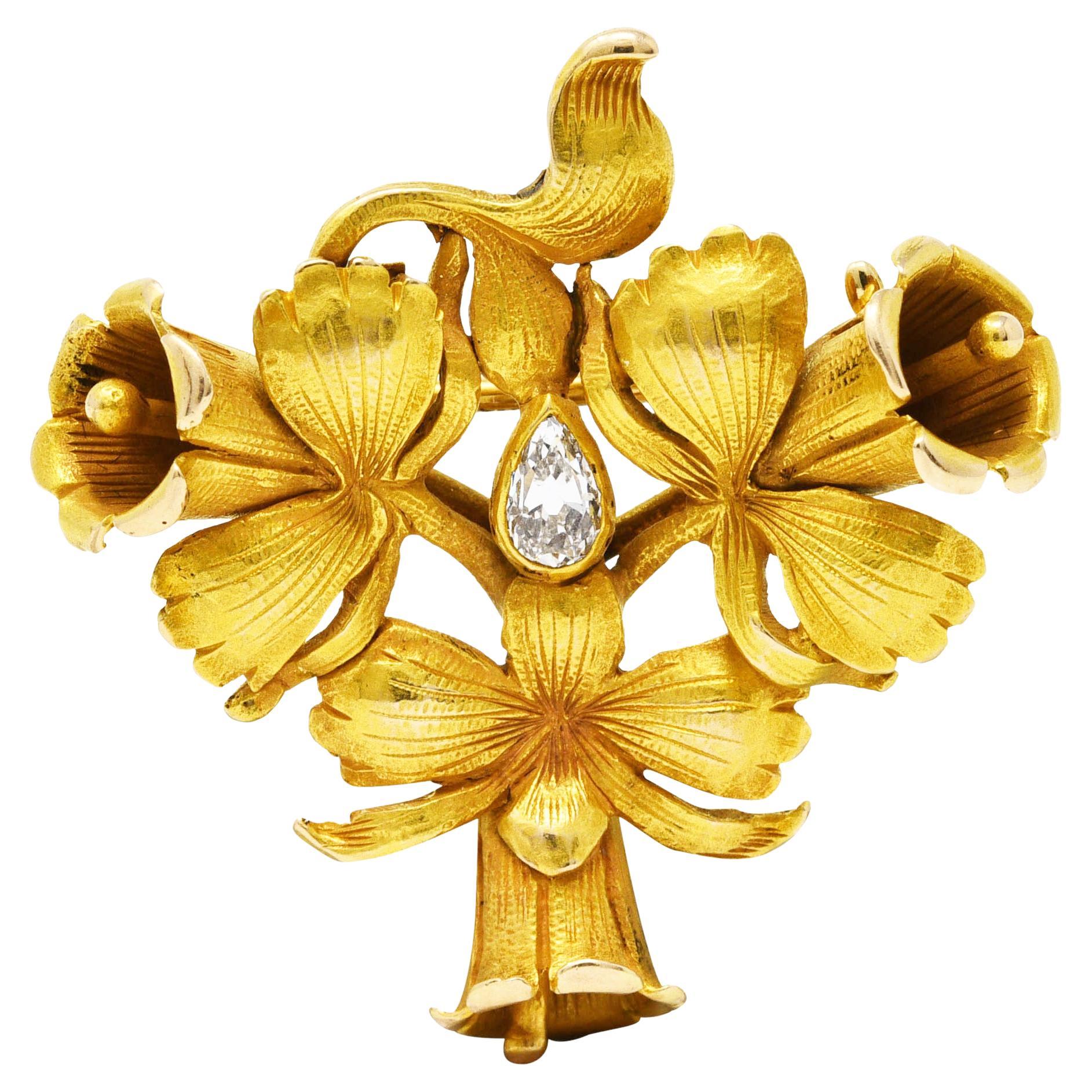 Victorian Pear Cut Diamond 14 Karat Yellow Gold Trumpet Flower Watch Pin Brooch