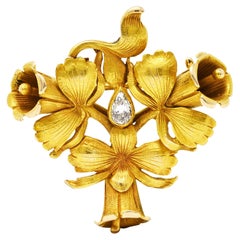 Victorian Pear Cut Diamond 14 Karat Yellow Gold Trumpet Flower Watch Pin Brooch