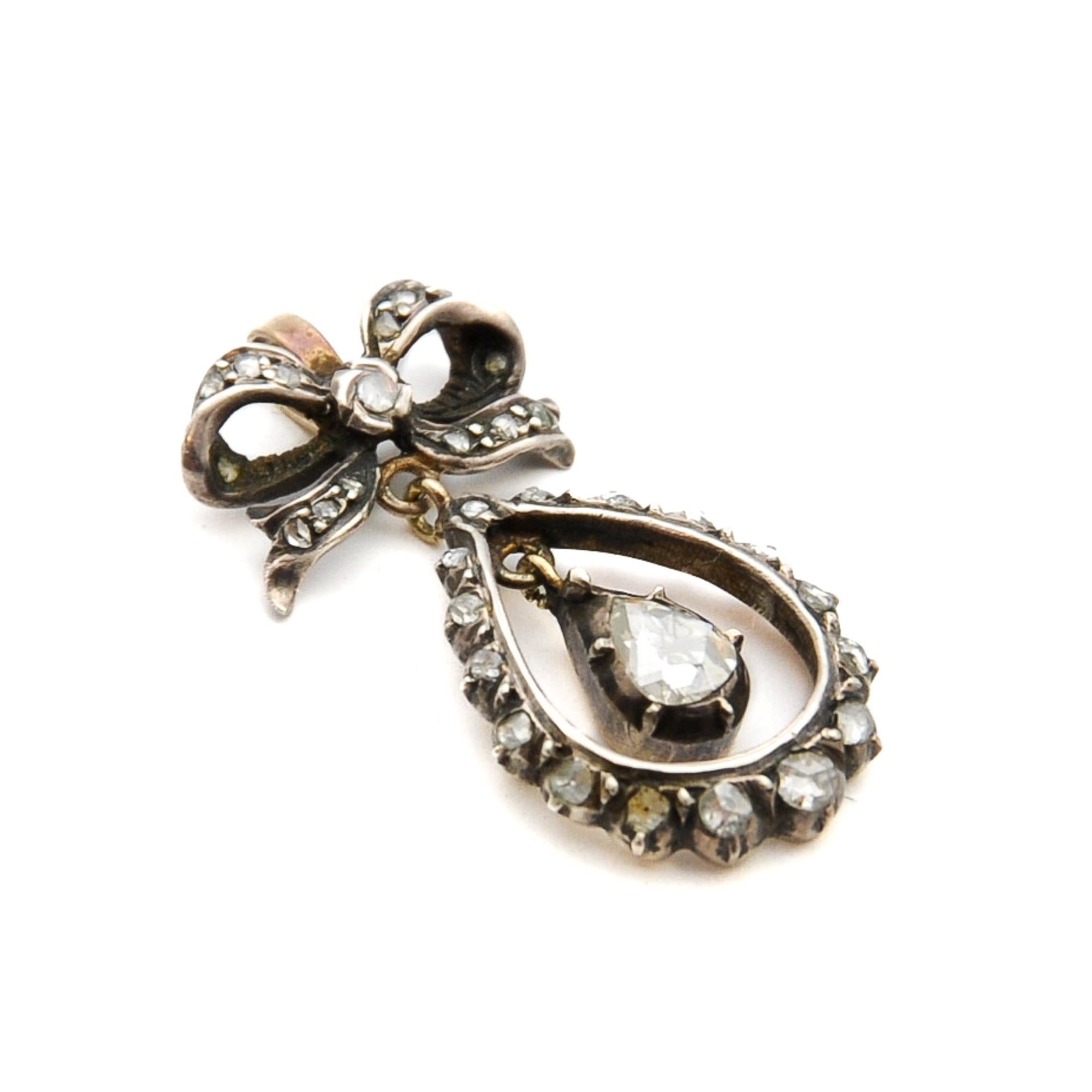 Women's or Men's Antique Victorian Rose Cut Diamond Bow Pendant For Sale